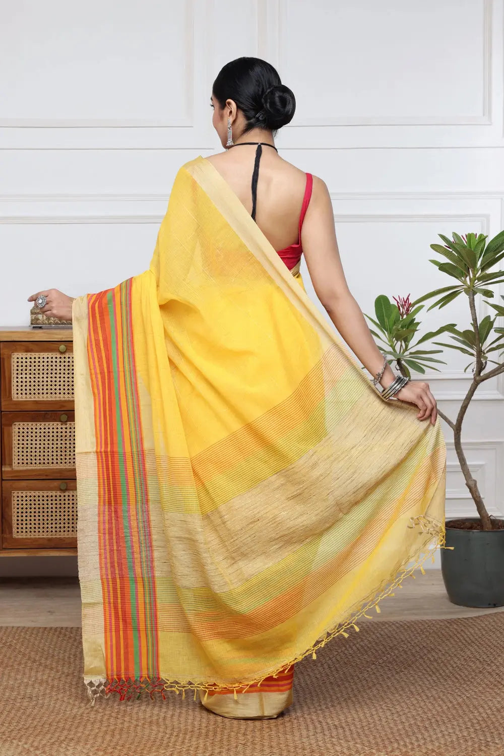 Vivid Yellow Handloom Pure Cotton Saree With Multi Colour Border & Jute Pallu