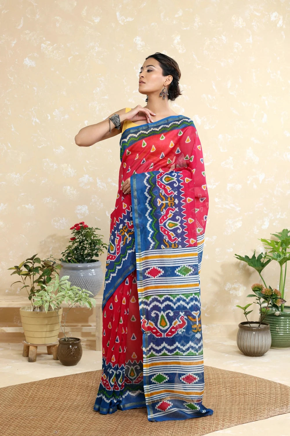Handloom Magenta Block Print Chanderi Cotton Saree-Sutra Art of Clothing