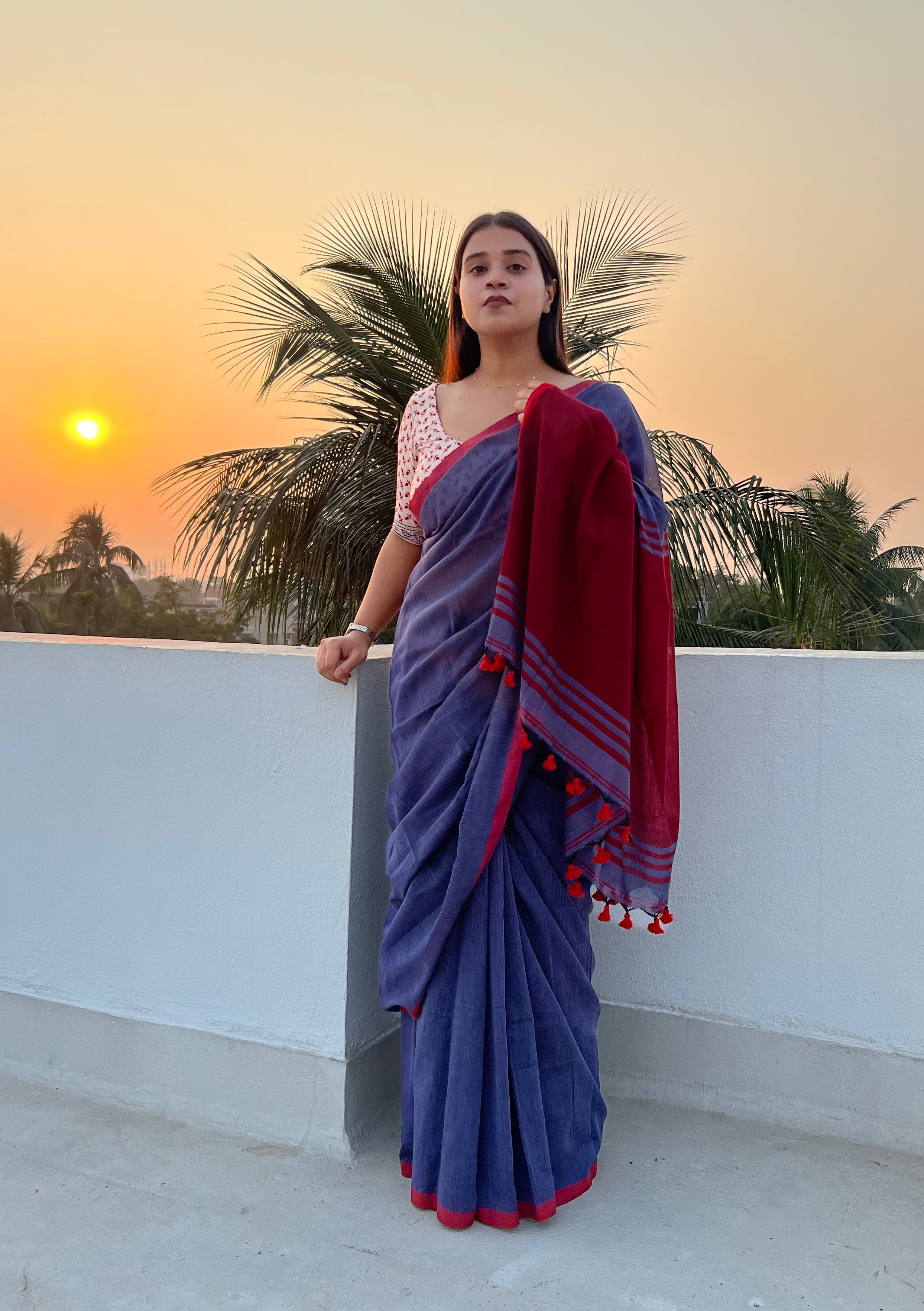 Blue - Maroon soft and comfortable Khadi cotton saree
