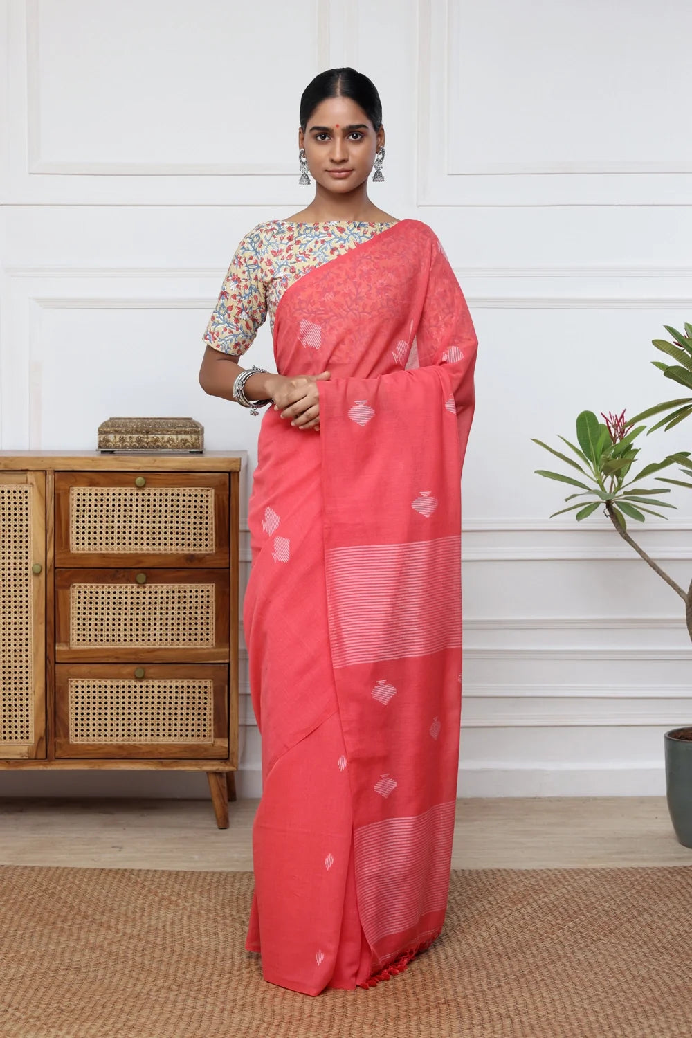 Handloom Watermelon Pink Mulmul Cotton Jamdani Saree-Sutra Art of Clothing
