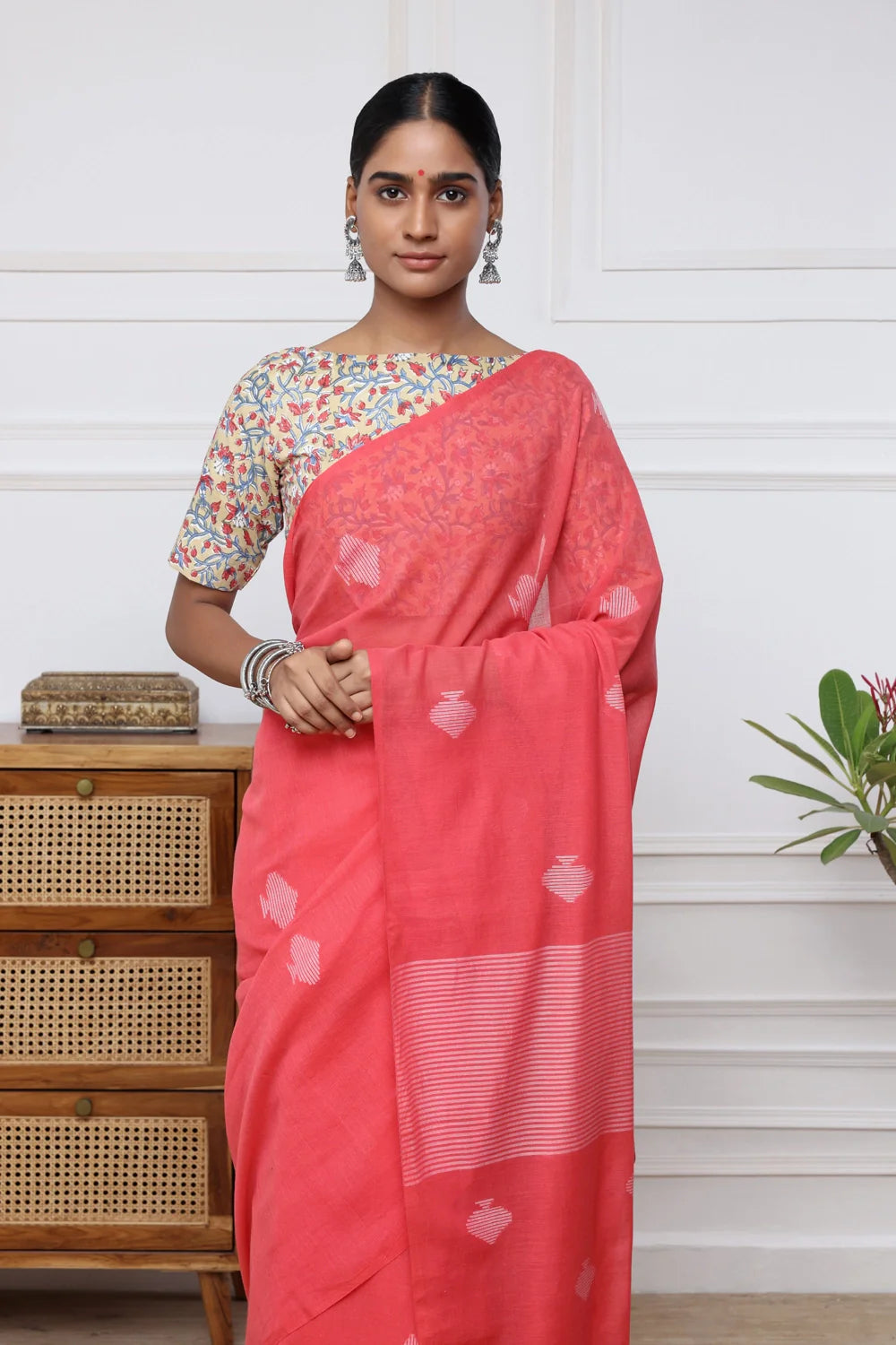 Handloom Watermelon Pink Mulmul Cotton Jamdani Saree-Sutra Art of Clothing