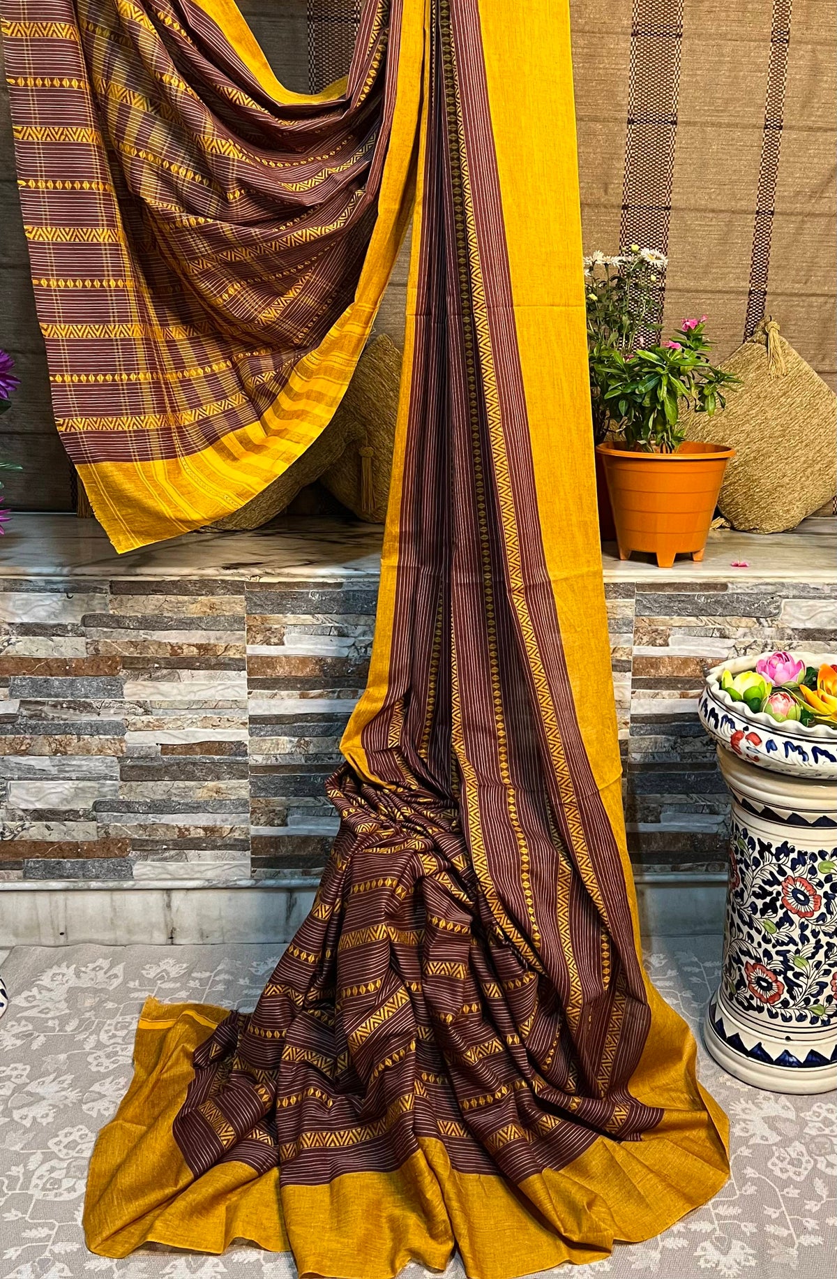 Caramel Chocolate brown handloom cotton saree by Shopaame