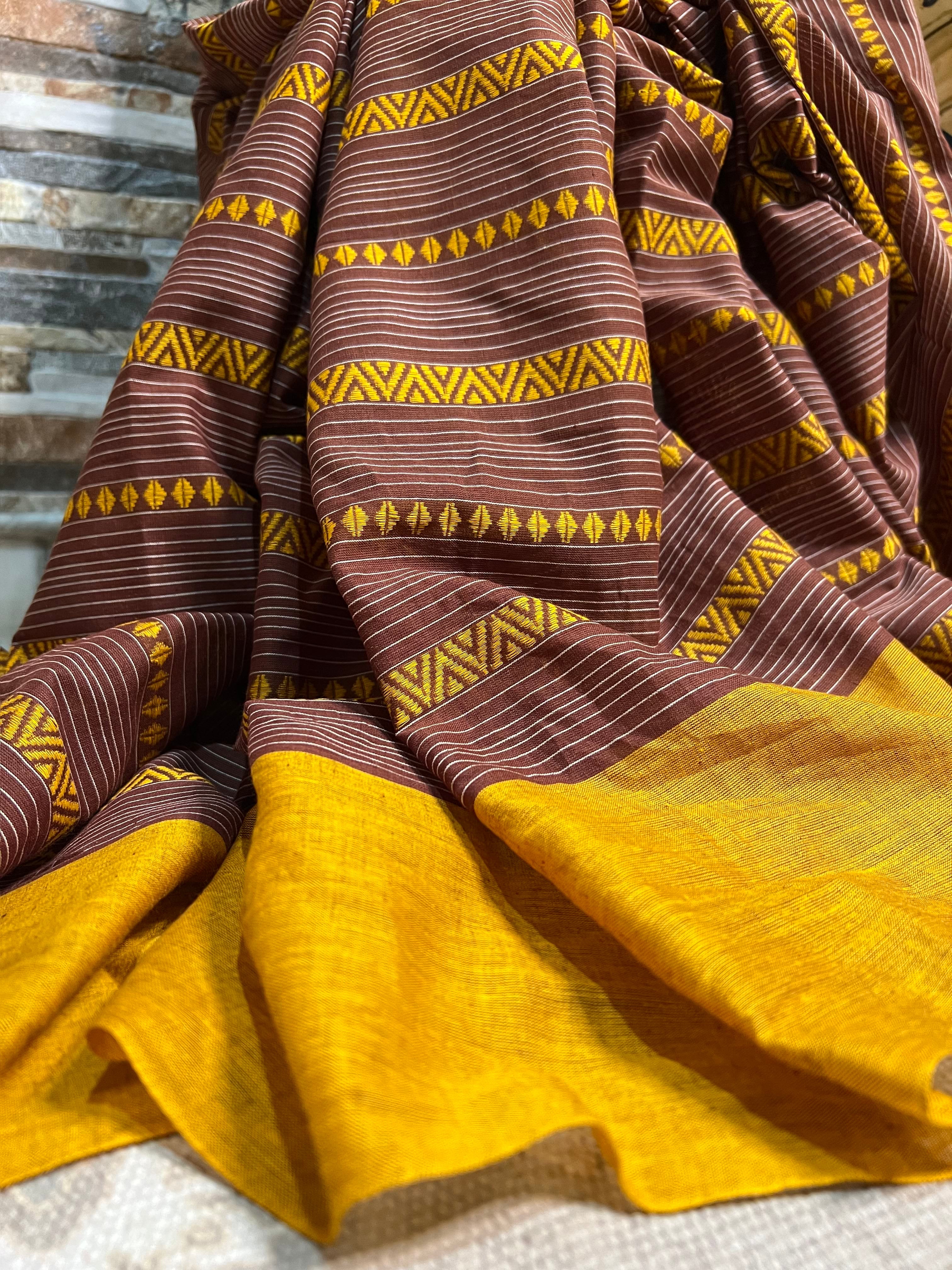 Brown- Yellow cotton handloom saree named Caramel Chocolate by Shopaame