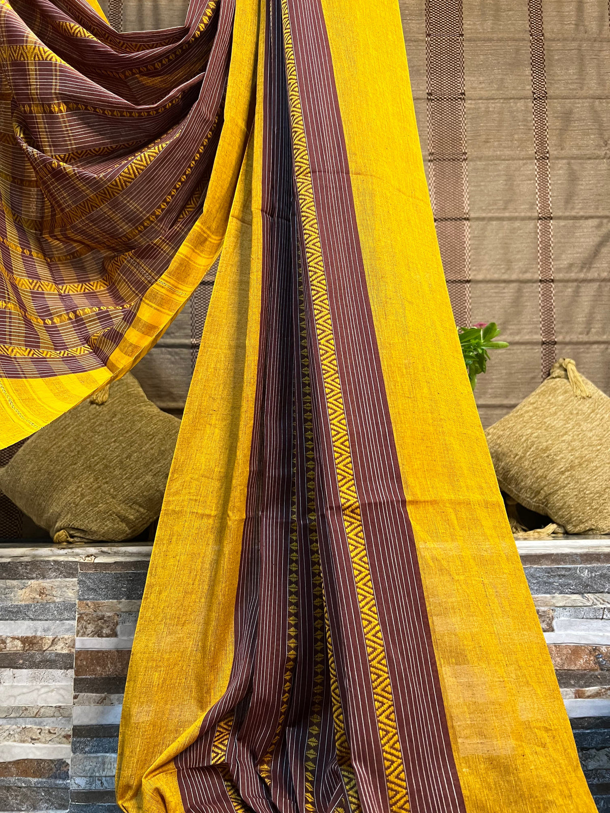 Brown- Yellow cotton handloom Shopaame saree named Caramel Chocolate
