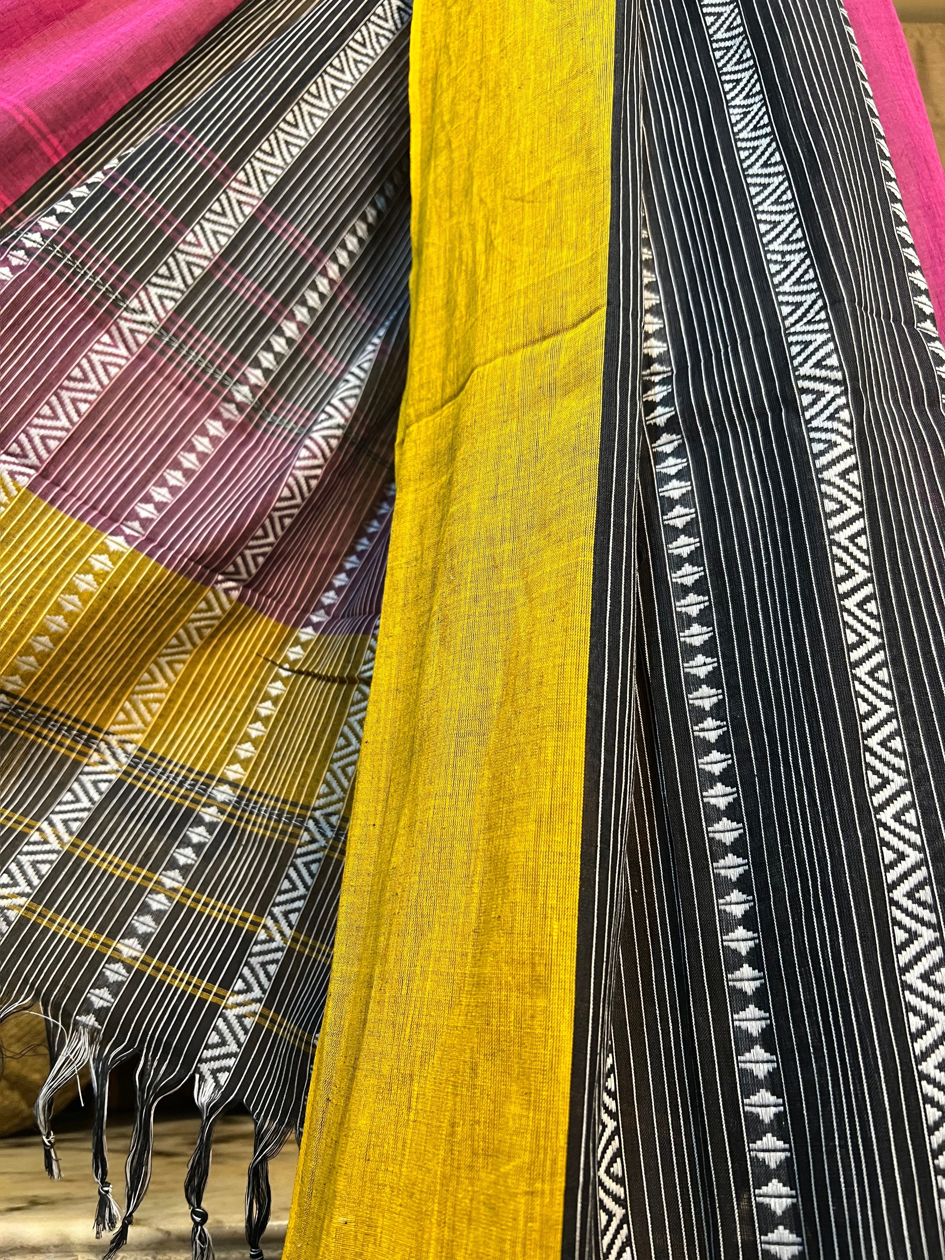 Black Pink yellow cotton handloom saree new collection