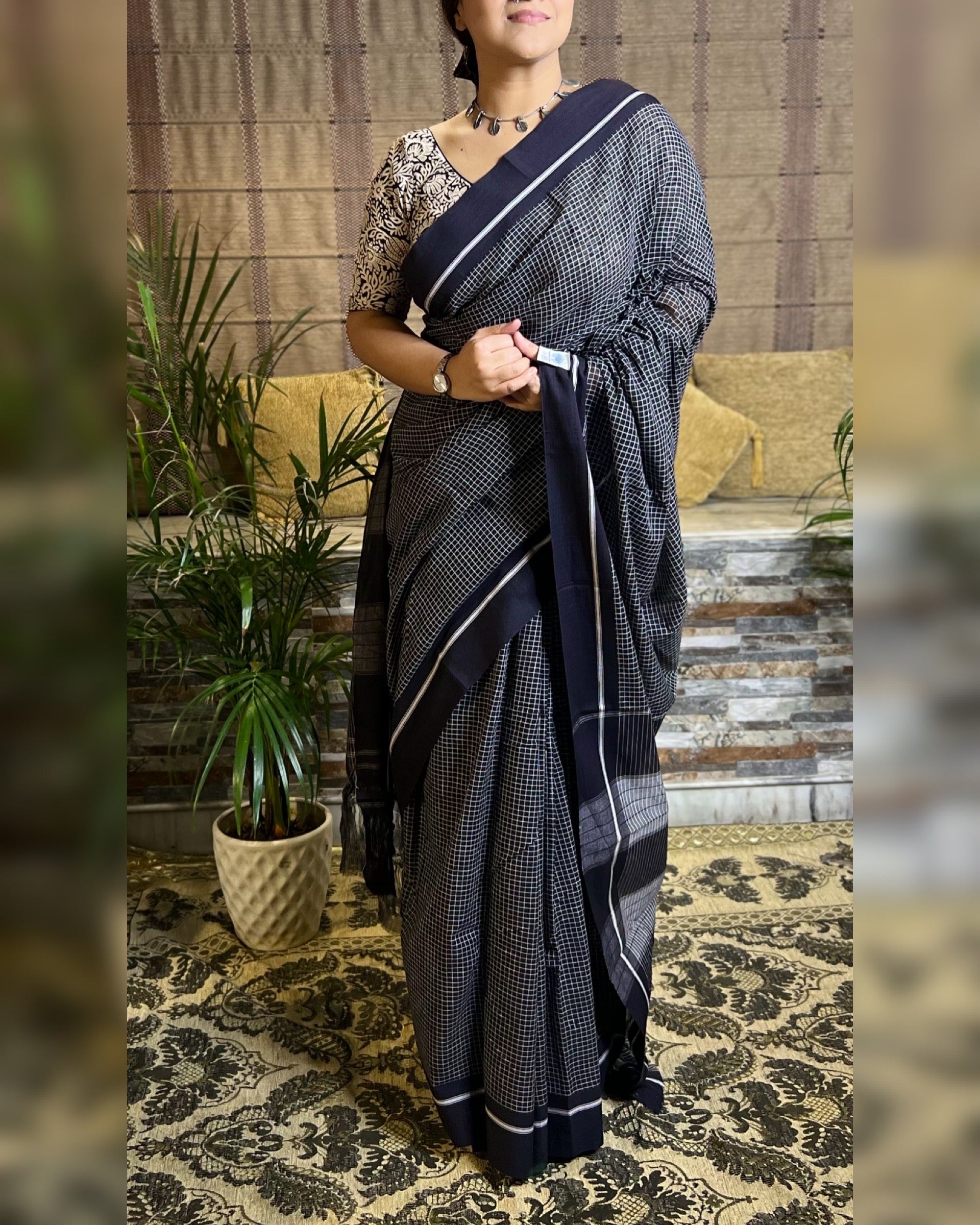 Soft and Comfortable handloom cotton saree in black and white checkered by Shopaame