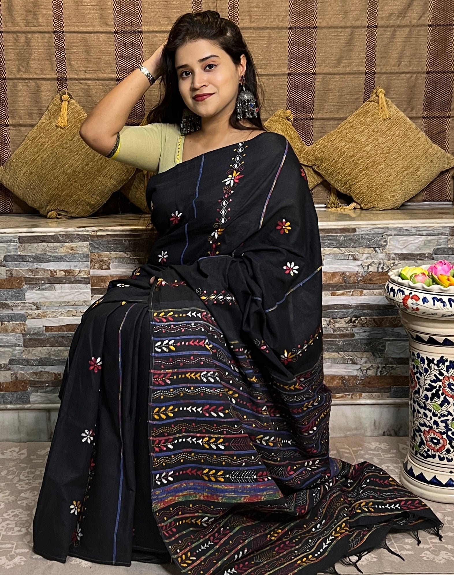 Black Khesh Cotton Kantha stitch embroidered saree in multicoloured threads