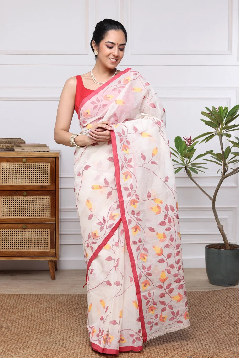 Handloom White & Red Pure Cotton Jamdani Saree-Sutra Art of Clothing