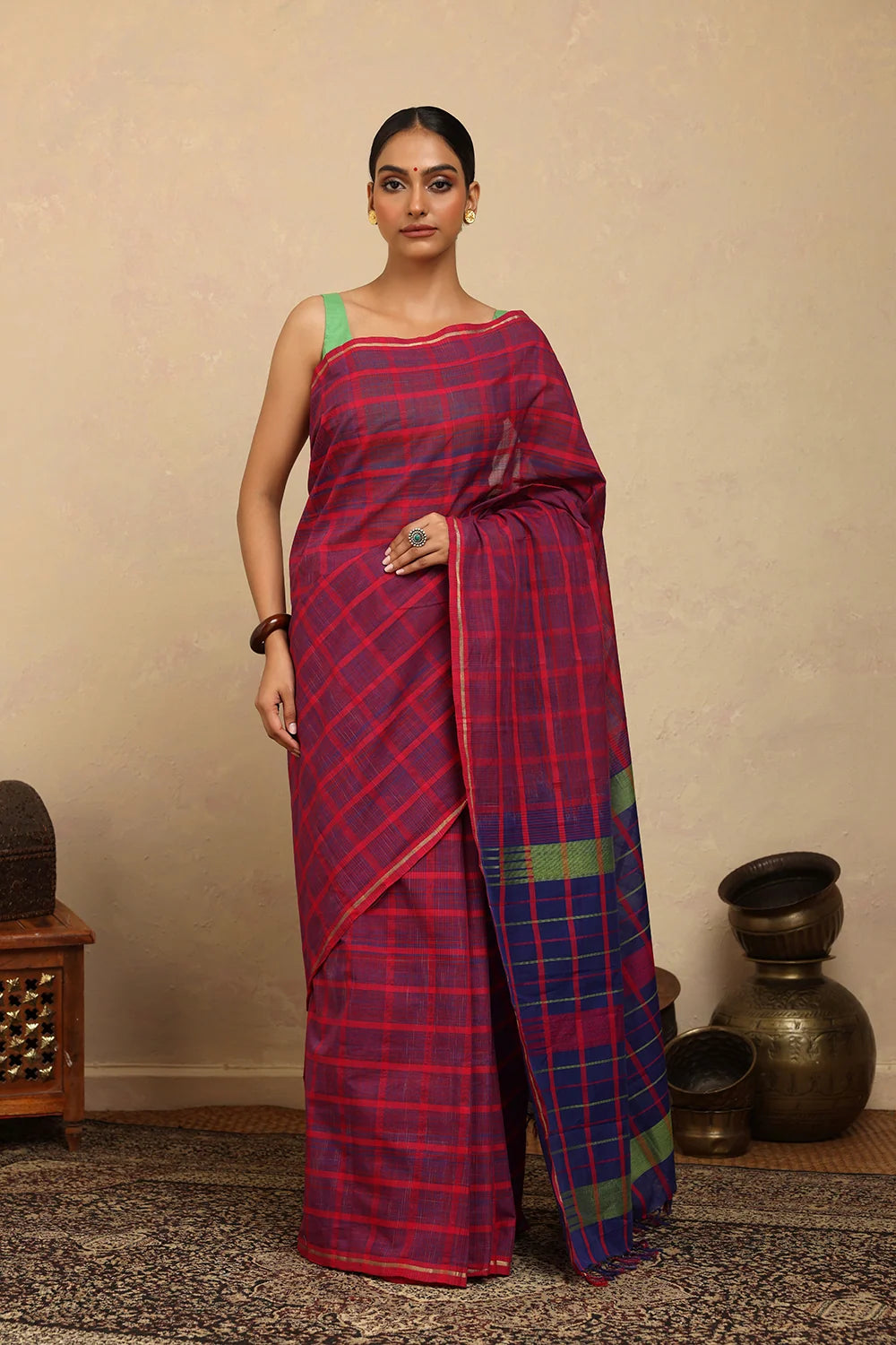 Handloom Hot Pink & Blue Check Kanchi Cotton Saree-Sutra Art of Clothing
