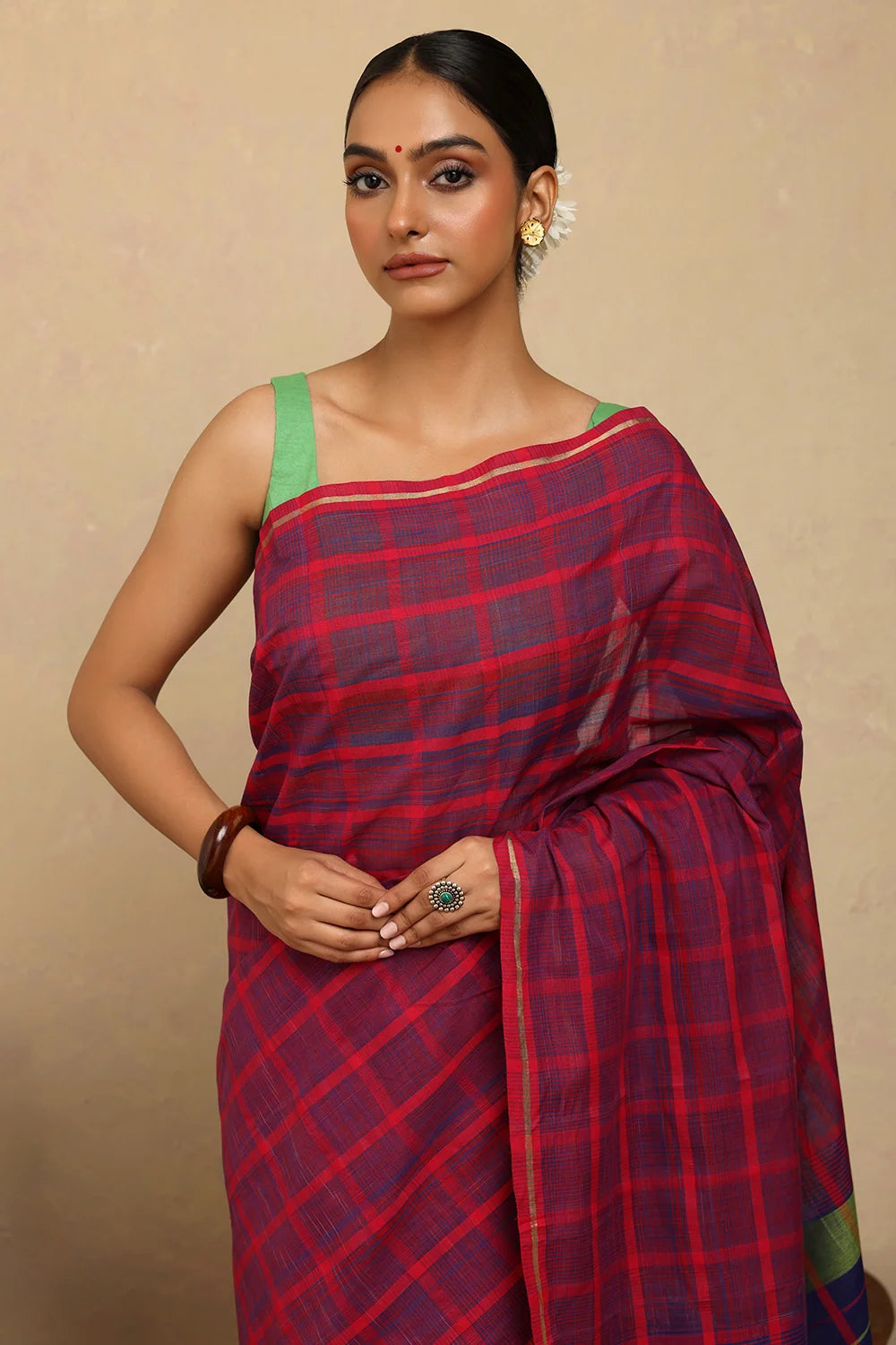 Handloom Hot Pink & Blue Check Kanchi Cotton Saree-Sutra Art of Clothing