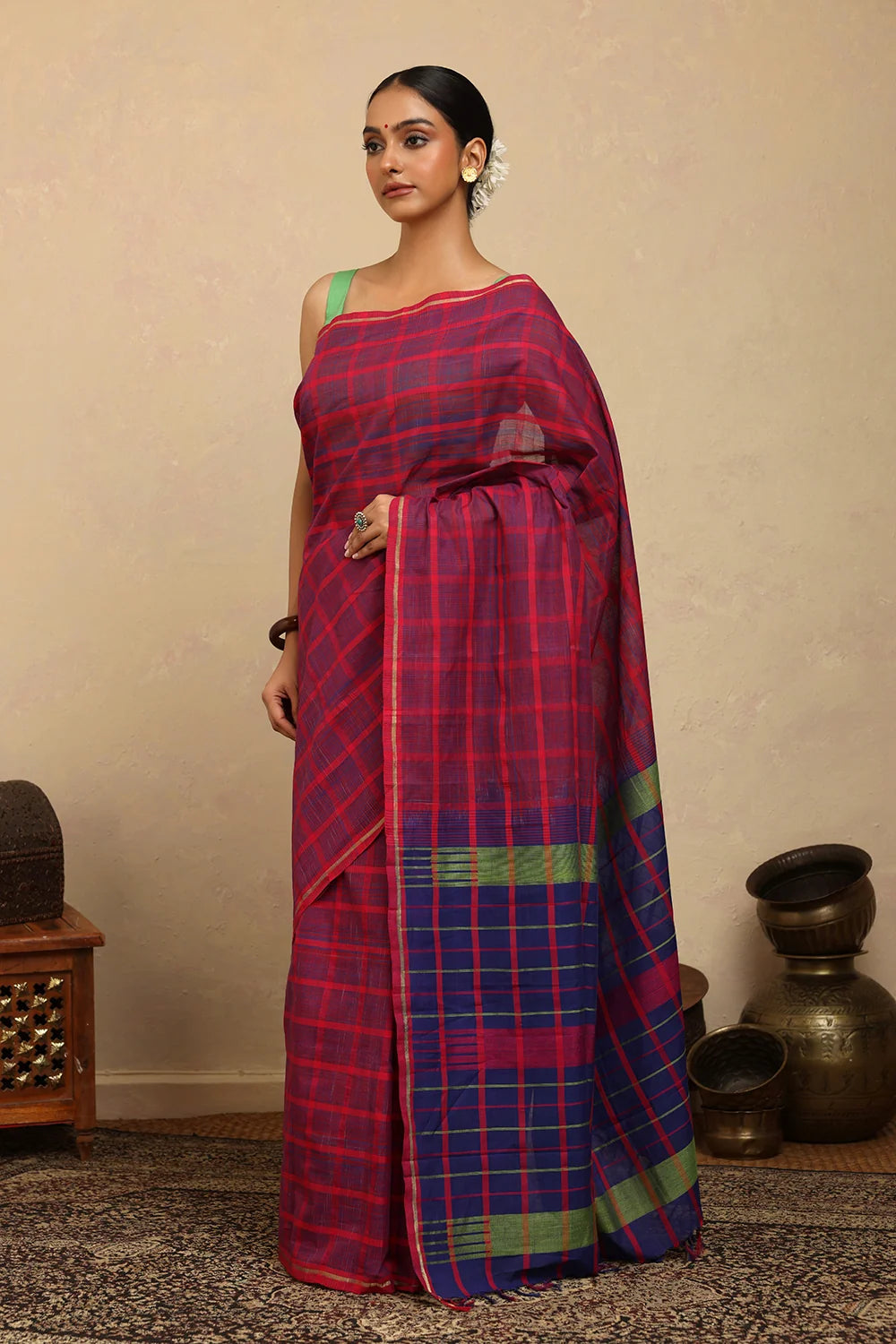 Handloom Hot Pink & Blue Check Kanchi Cotton Saree-Sutra Art of Clothing