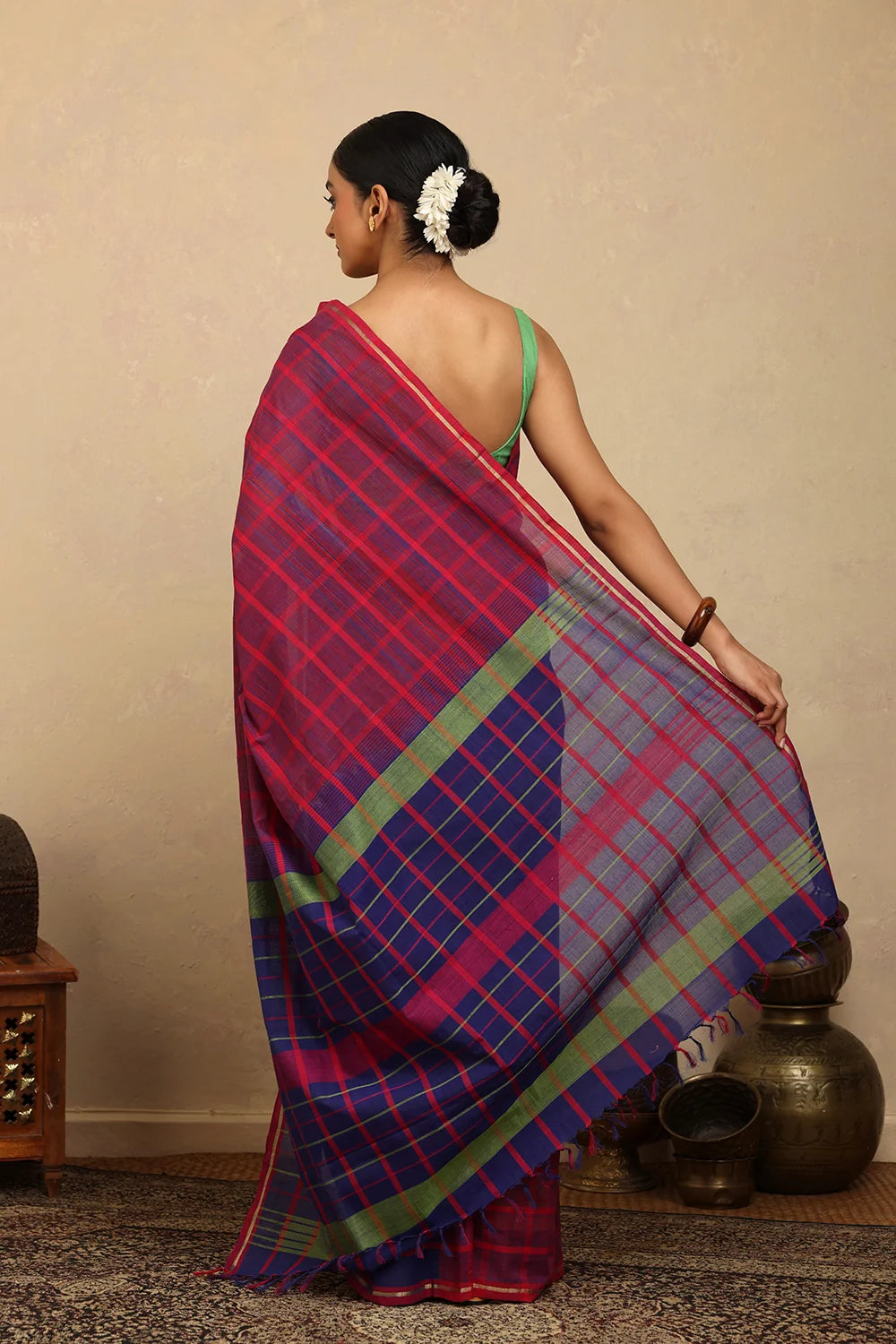 Handloom Hot Pink & Blue Check Kanchi Cotton Saree-Sutra Art of Clothing