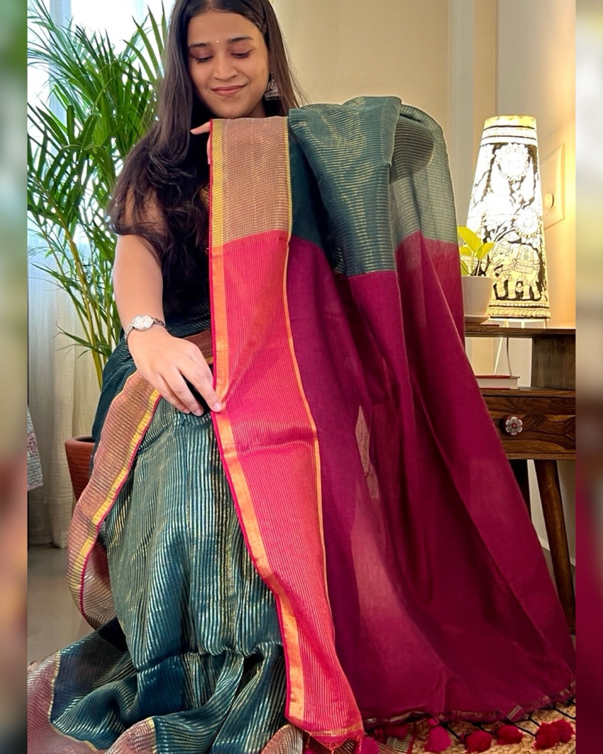 Cotton zari handloom saree in green shade with timeless ethnic appeal