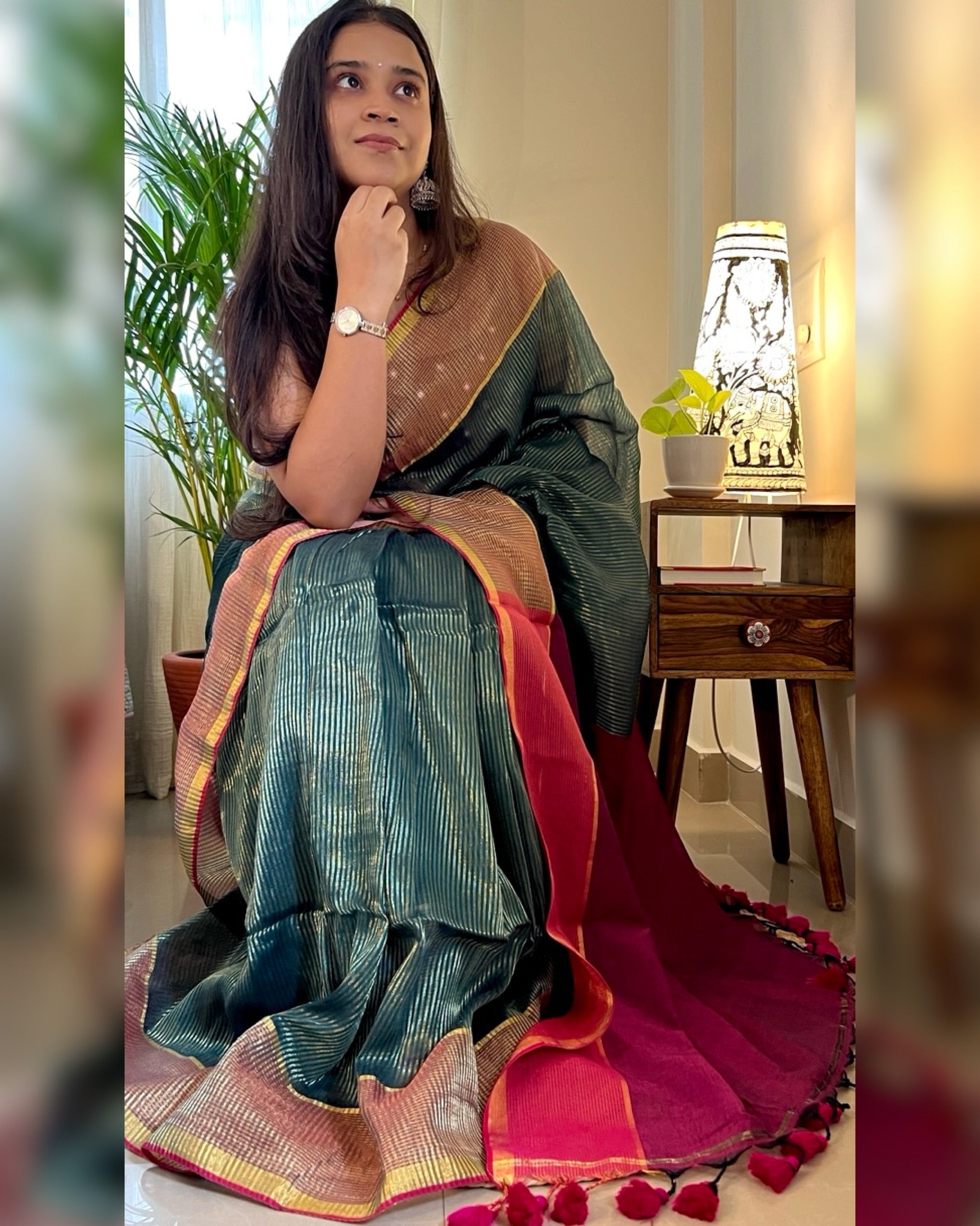 Zaraana Green Cotton Zari Handloom Saree by Shop Aame