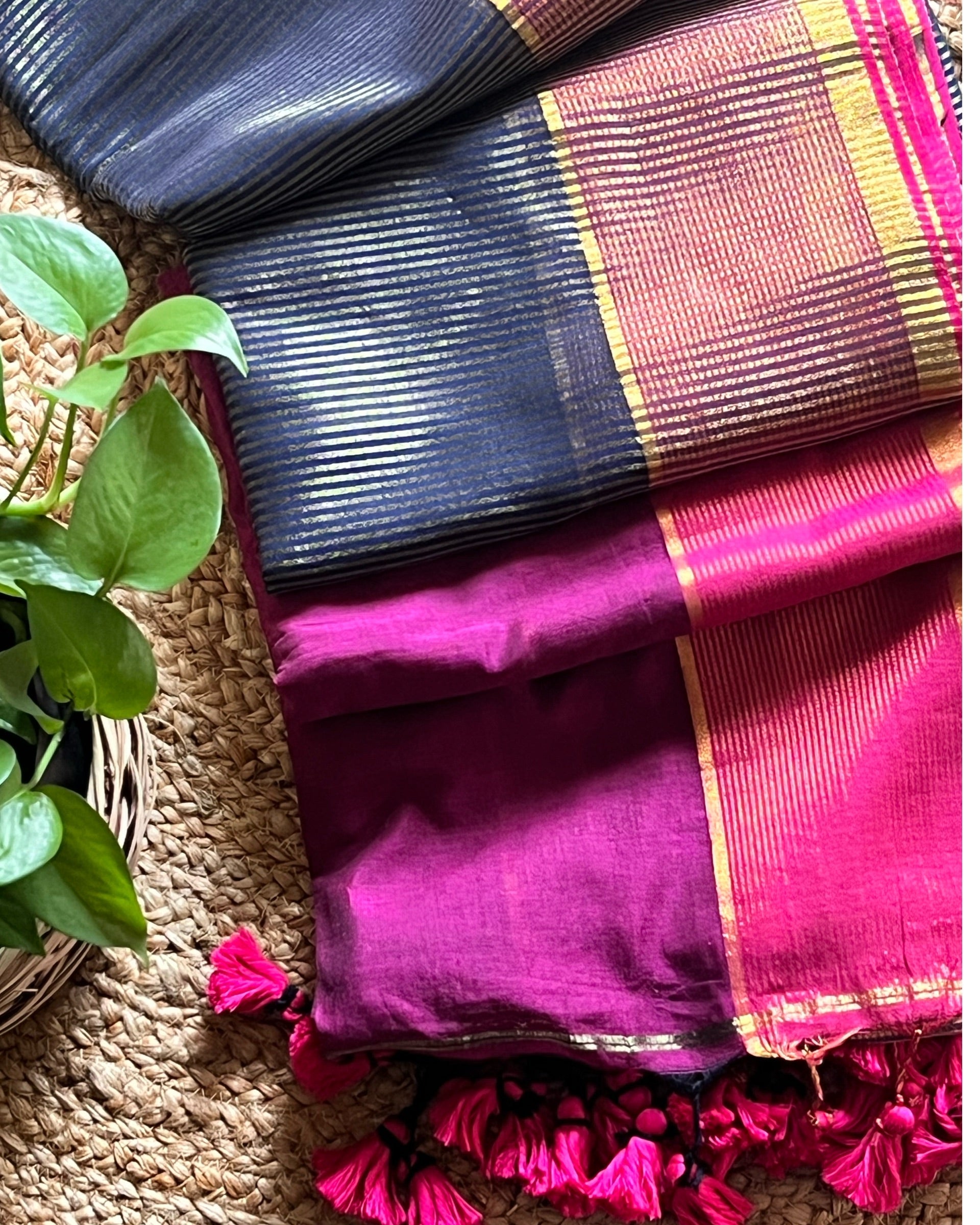 Shop Aame Shab blue saree in handloom woven cotton with graceful zari detailing