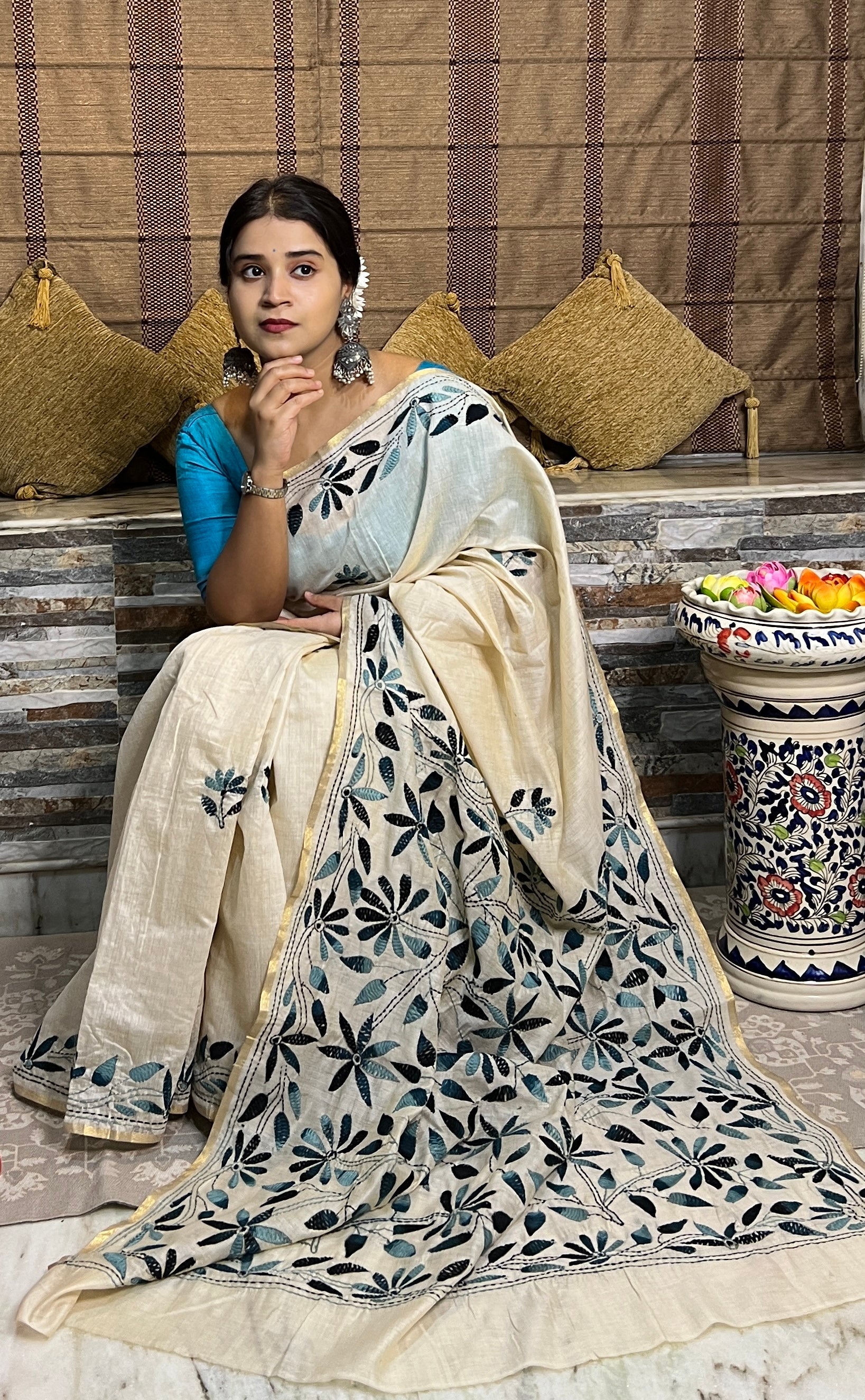 White Chanderi Cotton Kantha stitch embroidered saree in blue threads and golden border