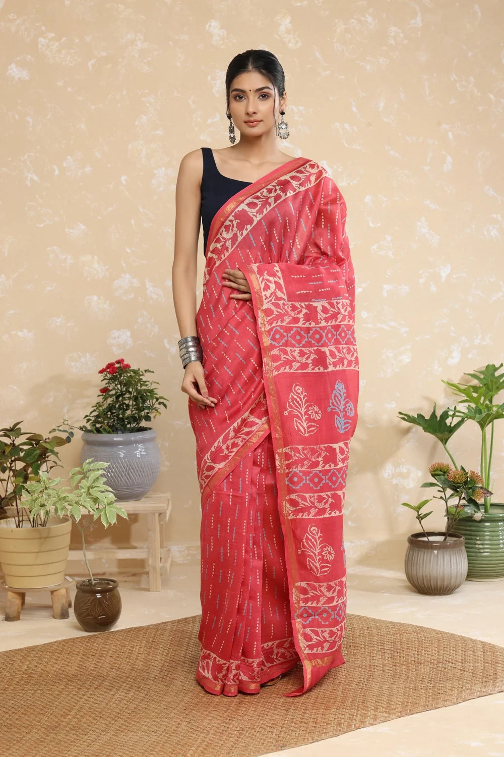 Handloom Blush Pink Block Print Chanderi Cotton Saree-Sutra Art of Clothing