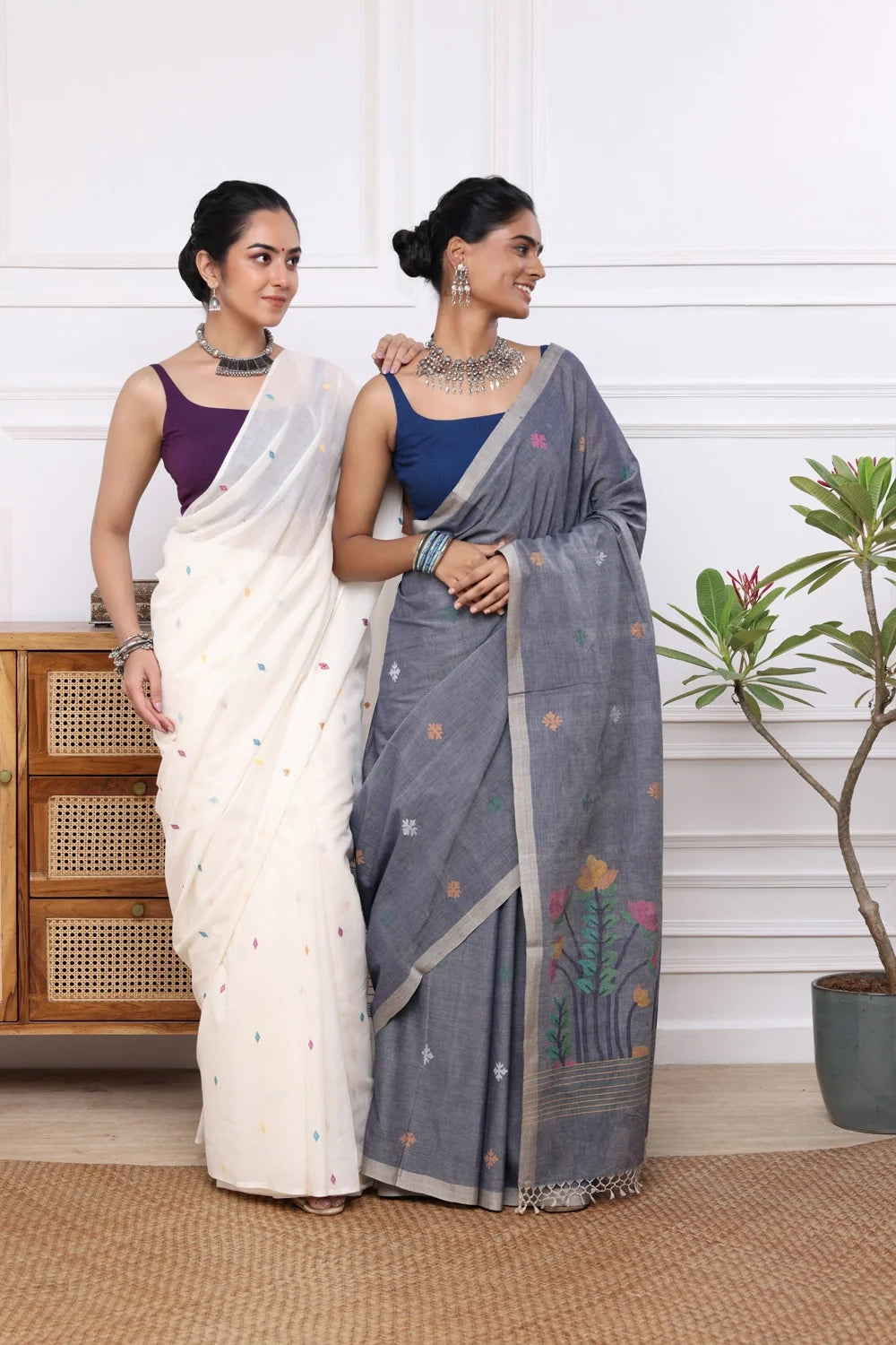 Handloom Grey Soft Cotton Jamdani with Multi Colour Floral Motifs