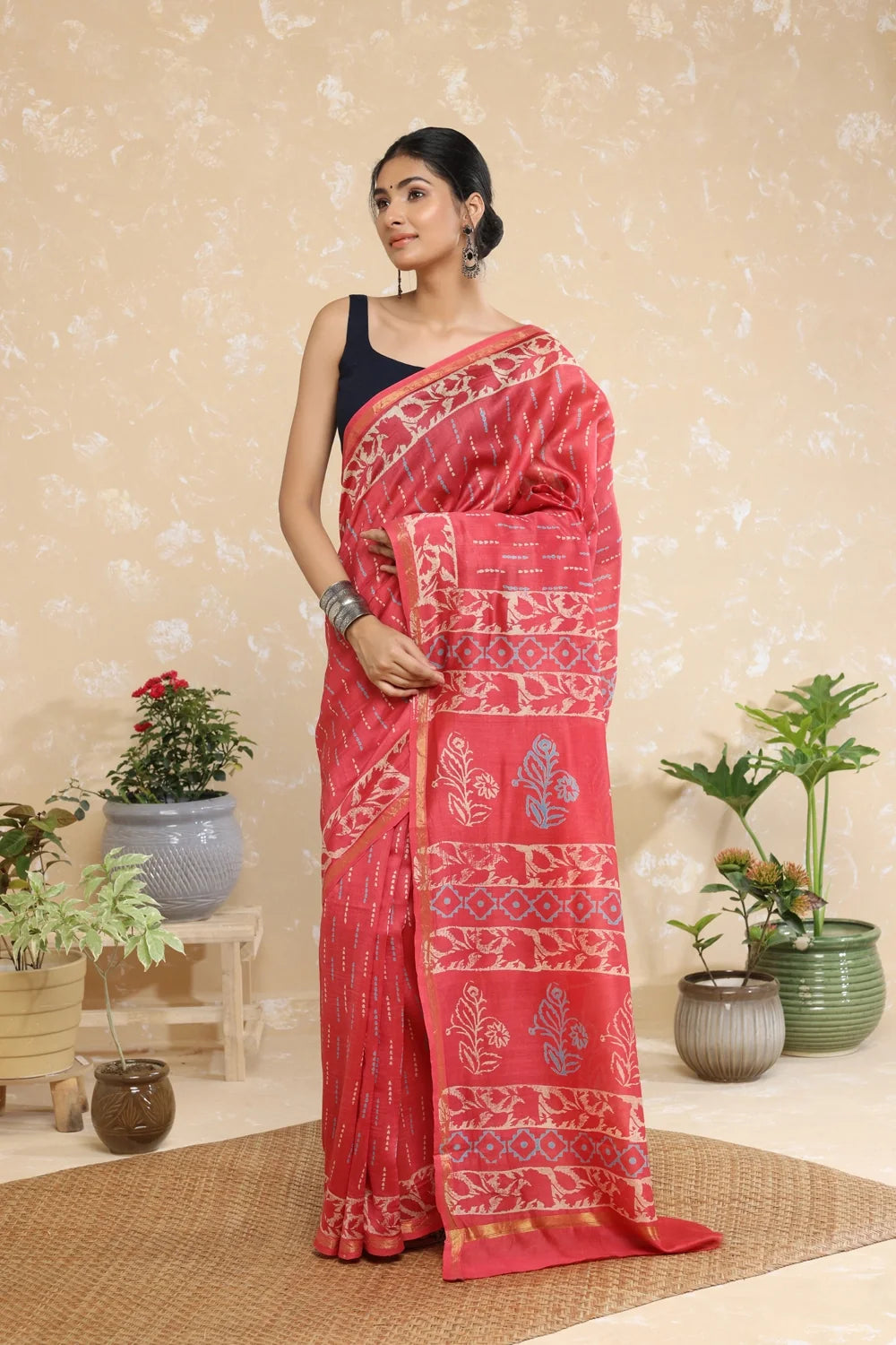 Handloom Blush Pink Block Print Chanderi Cotton Saree-Sutra Art of Clothing