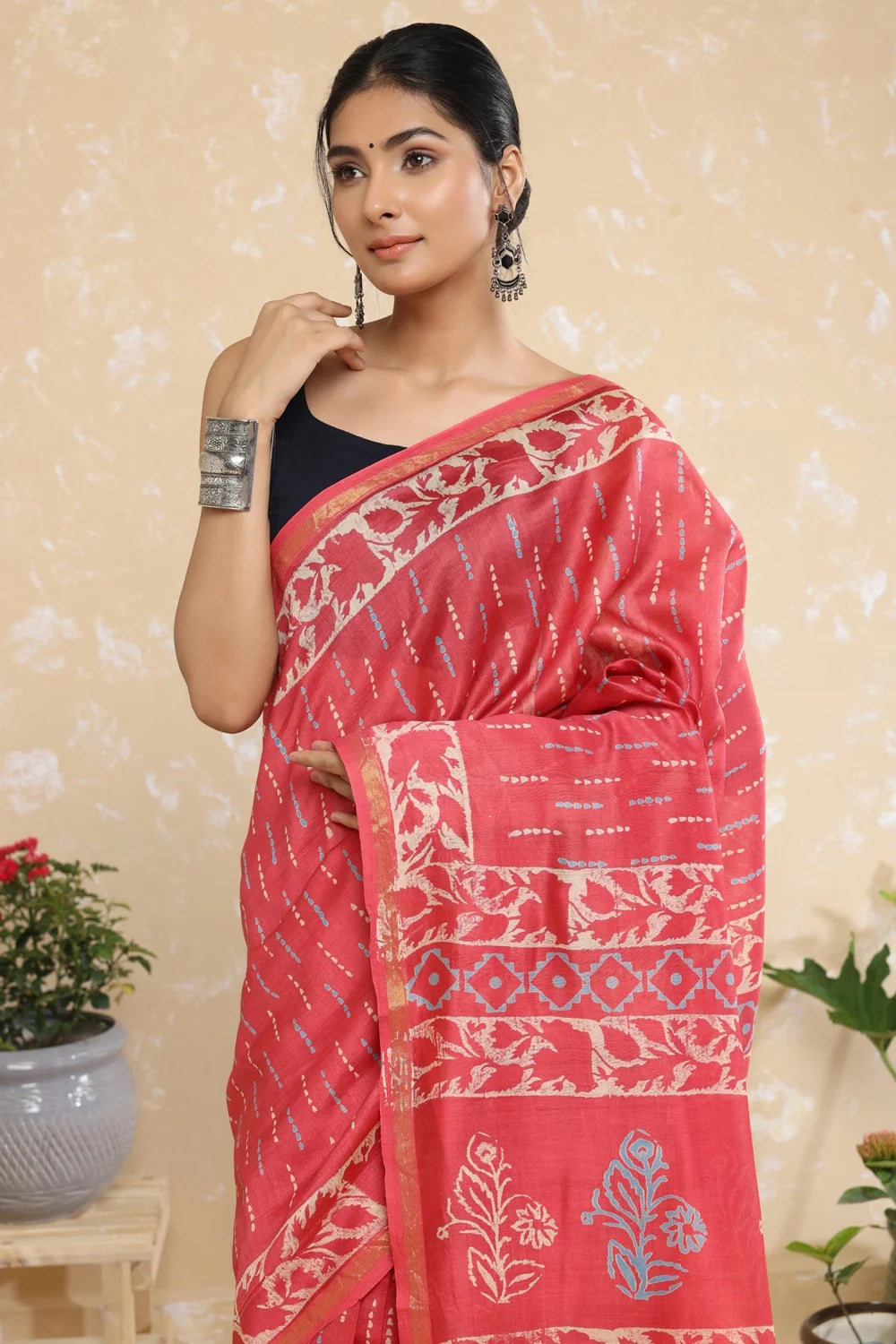 Handloom Blush Pink Block Print Chanderi Cotton Saree-Sutra Art of Clothing