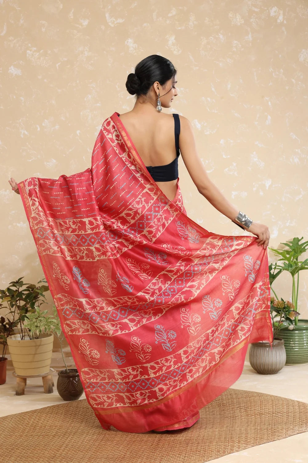 Handloom Blush Pink Block Print Chanderi Cotton Saree-Sutra Art of Clothing