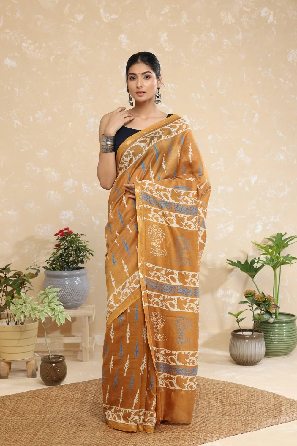 Handloom Honey Yellow Block Print Chanderi Cotton Saree-Sutra Art of Clothing