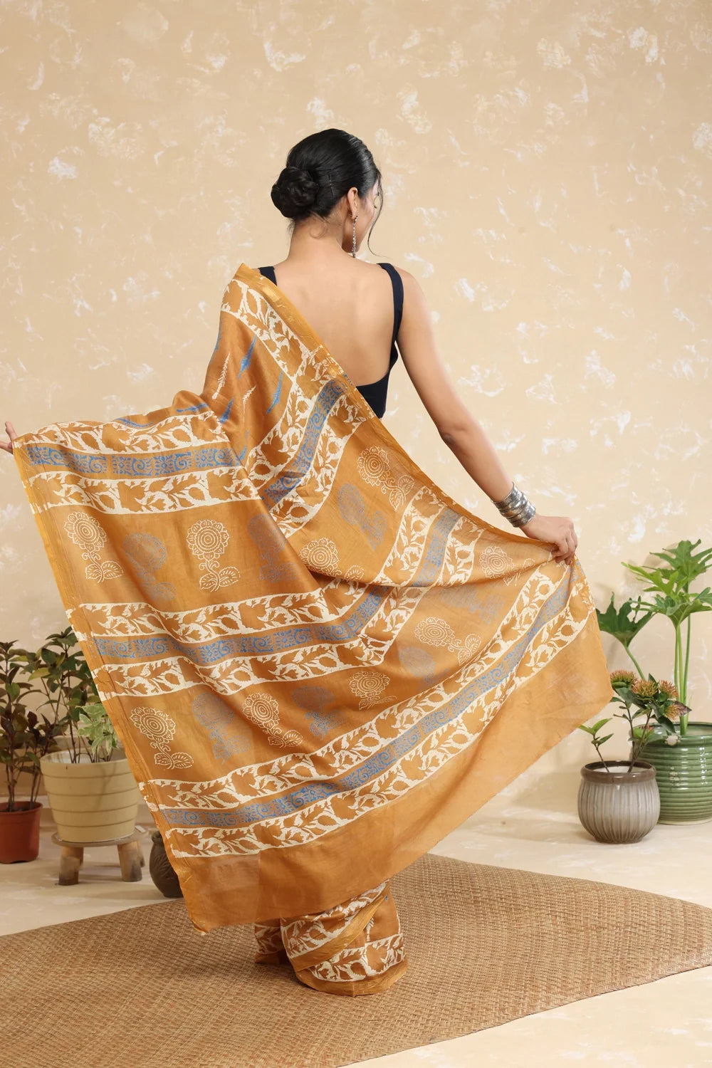 Handloom Honey Yellow Block Print Chanderi Cotton Saree-Sutra Art of Clothing