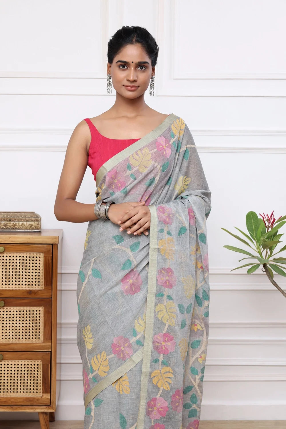 Handloom Grey Soft Cotton Multi Colour Floral Jamdani Saree