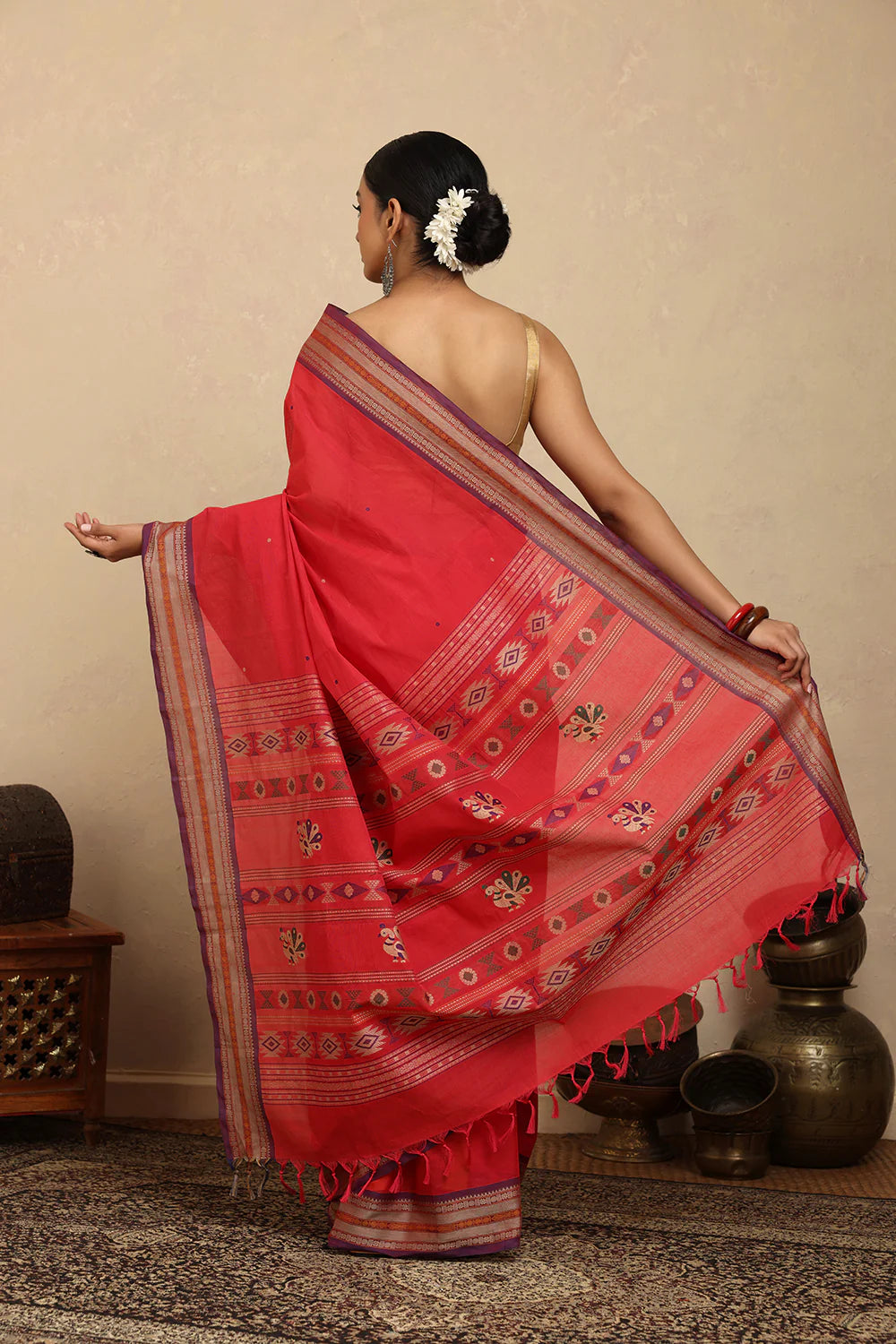Handloom Crimson Red Kanchi Cotton Saree-Sutra Art of Clothing