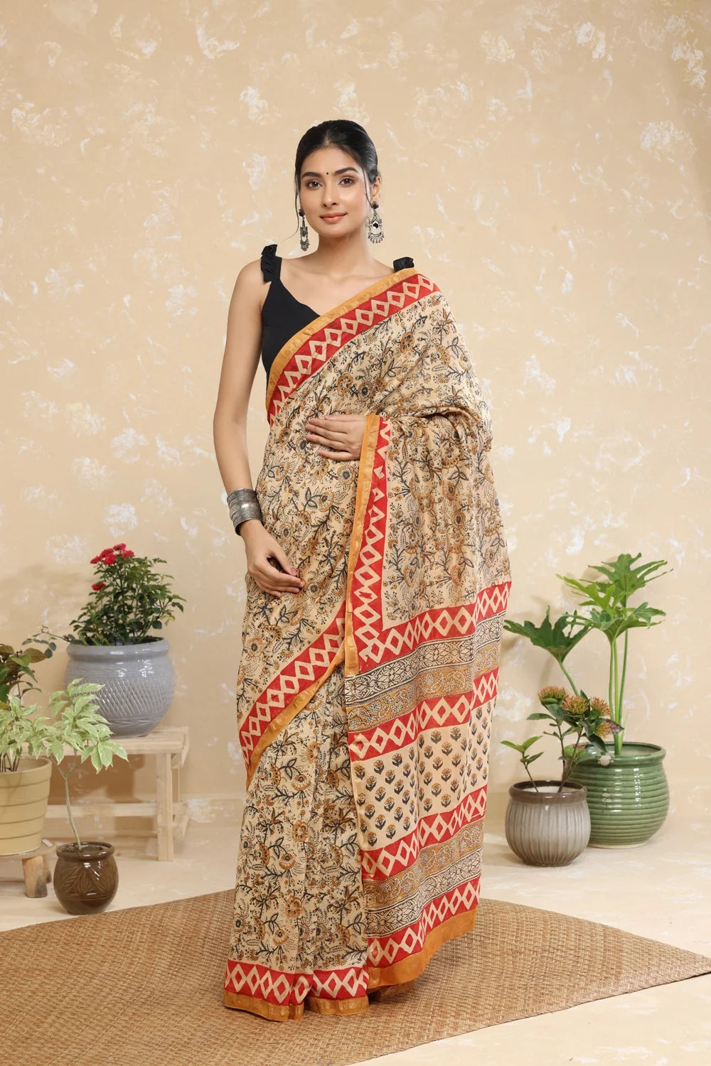 Handloom Almond Brown Block Print Chanderi Cotton Saree-Sutra Art of Clothing