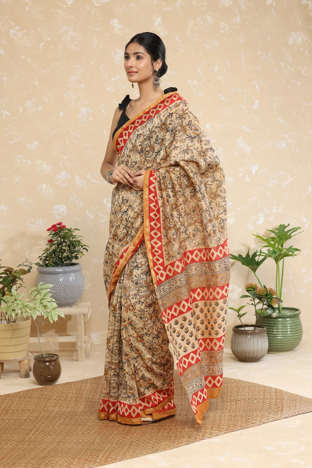 Handloom Almond Brown Block Print Chanderi Cotton Saree-Sutra Art of Clothing