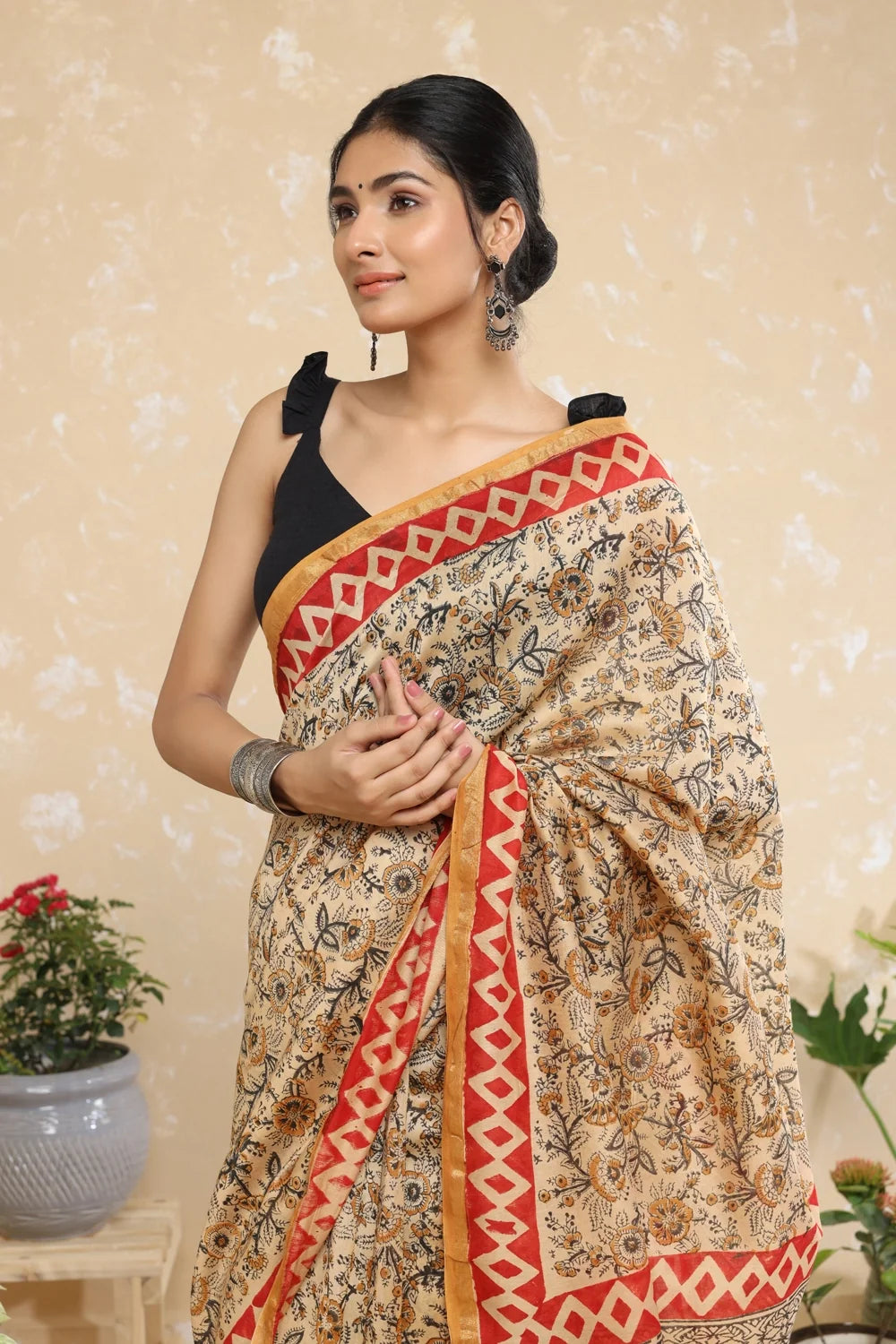 Handloom Almond Brown Block Print Chanderi Cotton Saree-Sutra Art of Clothing