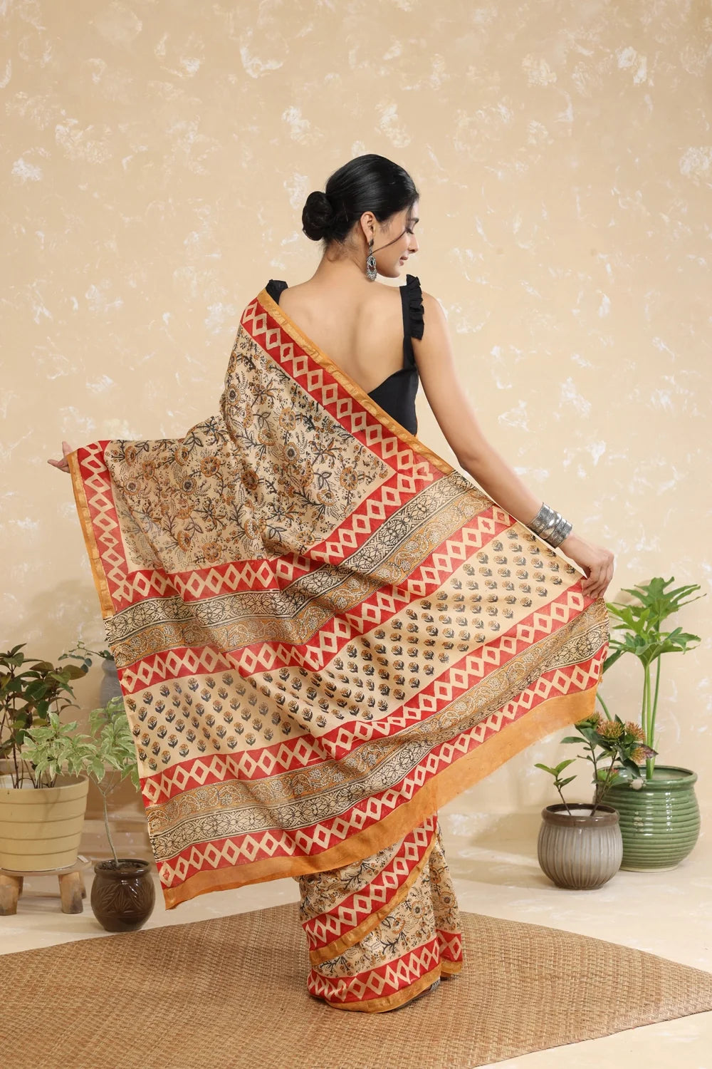Handloom Almond Brown Block Print Chanderi Cotton Saree-Sutra Art of Clothing