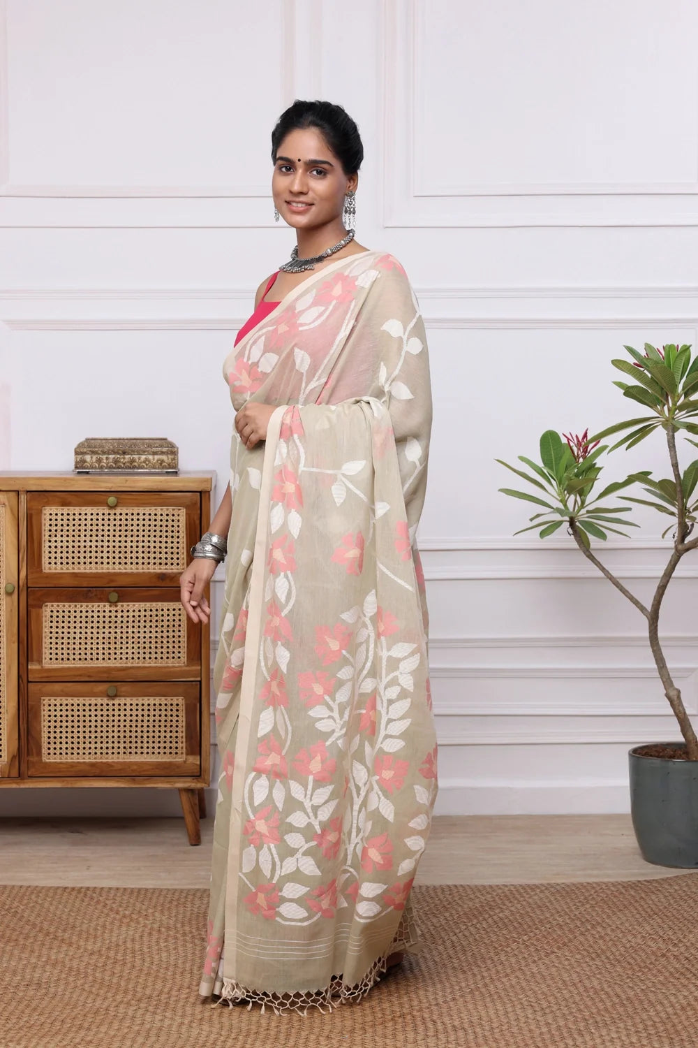Handloom Beige Soft Cotton Multi Colour Floral Jamdani Saree