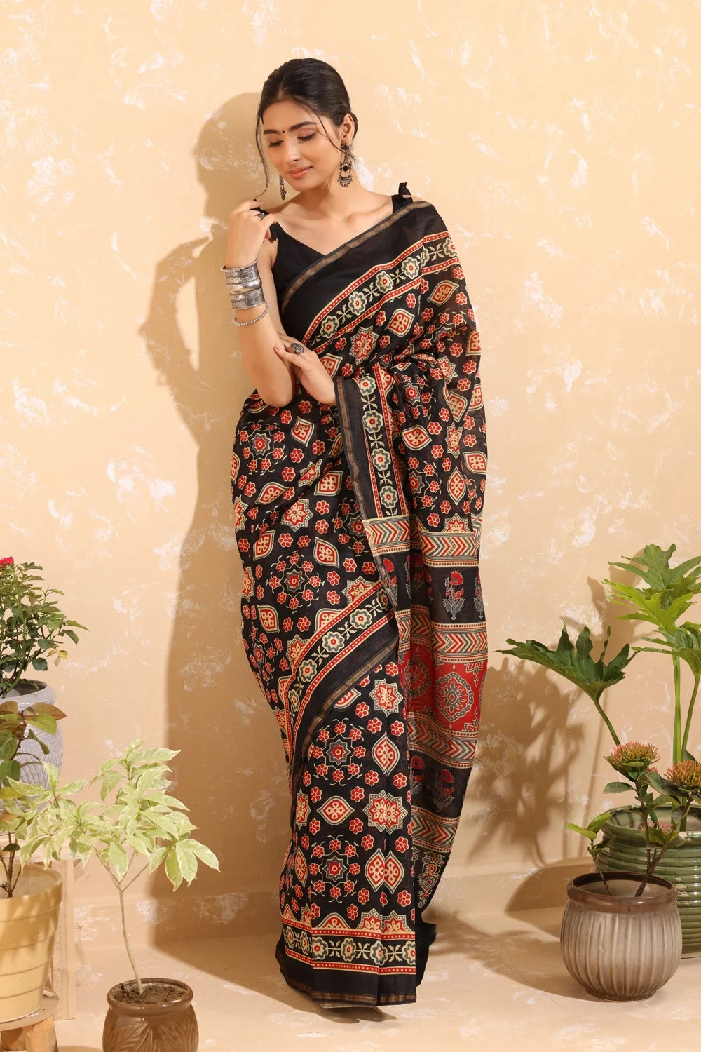 Handloom Black & Red Block Print Chanderi Cotton Saree-Sutra Art of Clothing