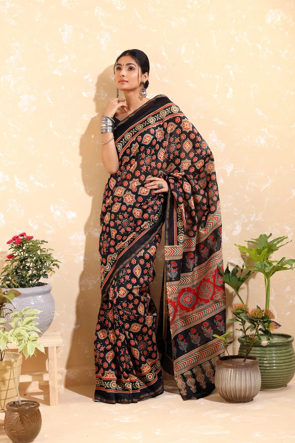 Handloom Black & Red Block Print Chanderi Cotton Saree-Sutra Art of Clothing