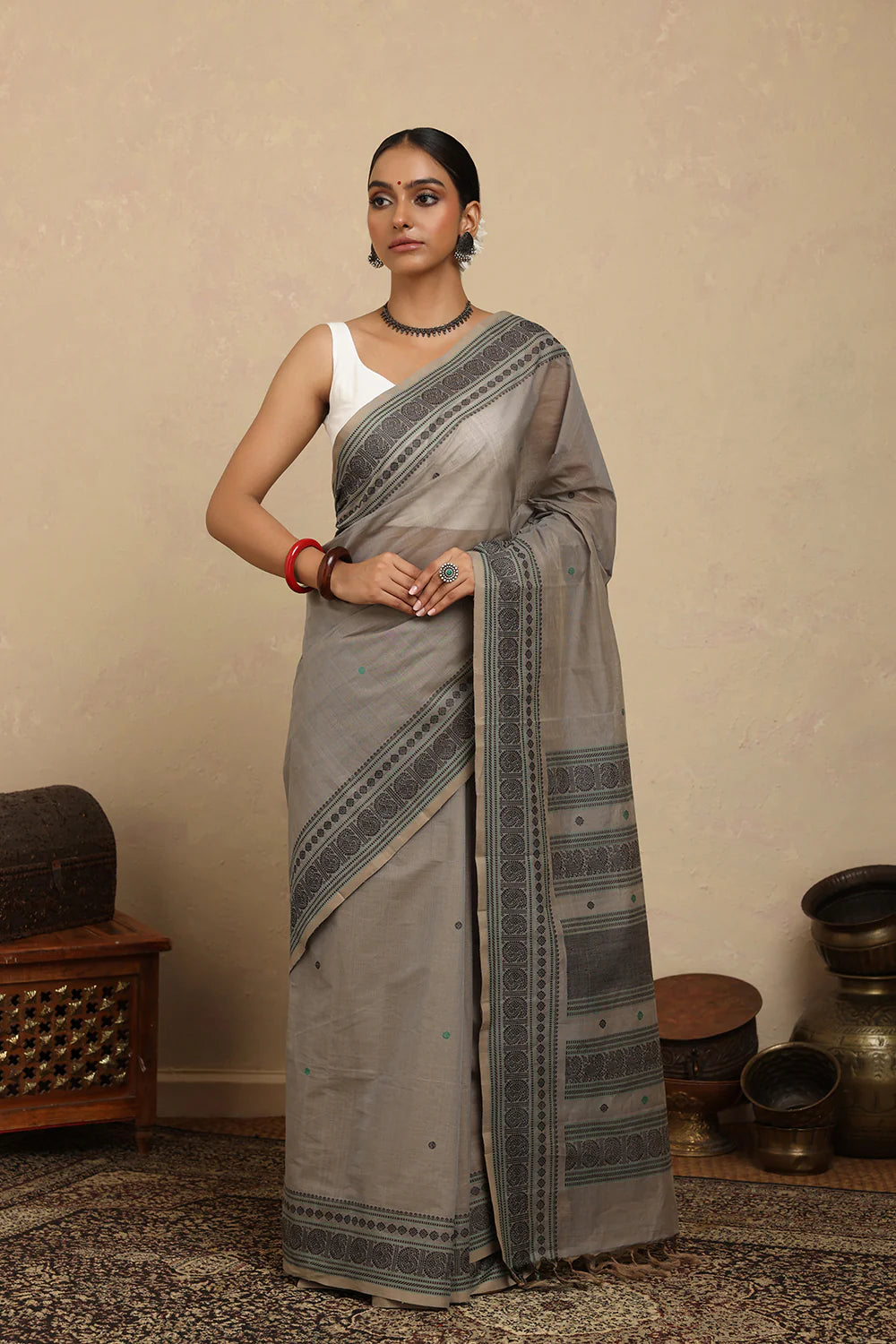 Handloom Ash Grey Kanchi Cotton Saree-Sutra Art of Clothing