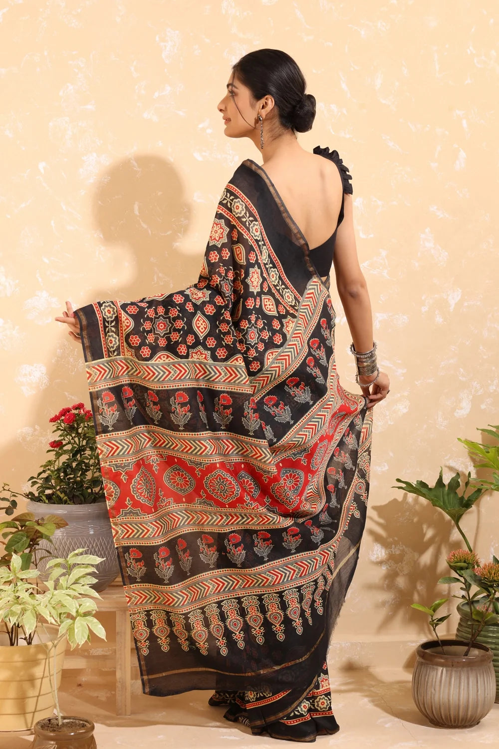 Handloom Black & Red Block Print Chanderi Cotton Saree-Sutra Art of Clothing