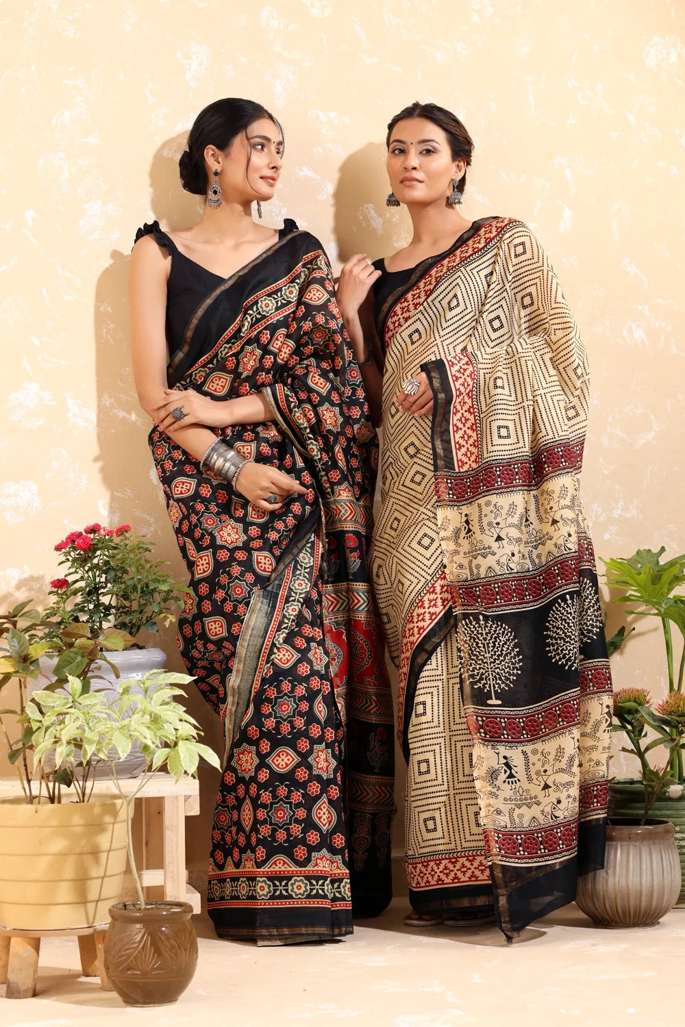 Handloom Black & Red Block Print Chanderi Cotton Saree-Sutra Art of Clothing