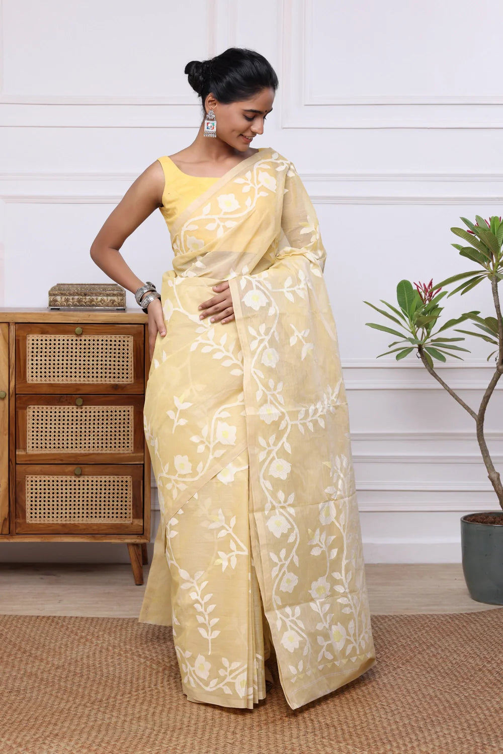 Handloom Banana Yellow Pure Cotton Multi Colour Floral Jamdani Saree