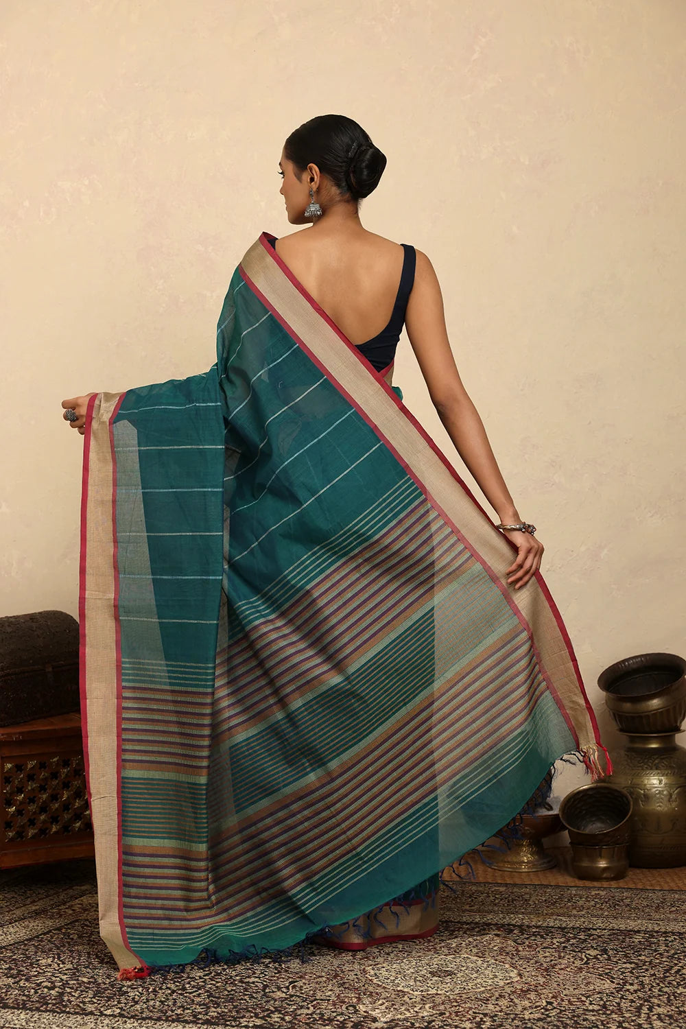 Handloom Sea Green Stripes Kanchi Cotton Saree-Sutra Art of Clothing