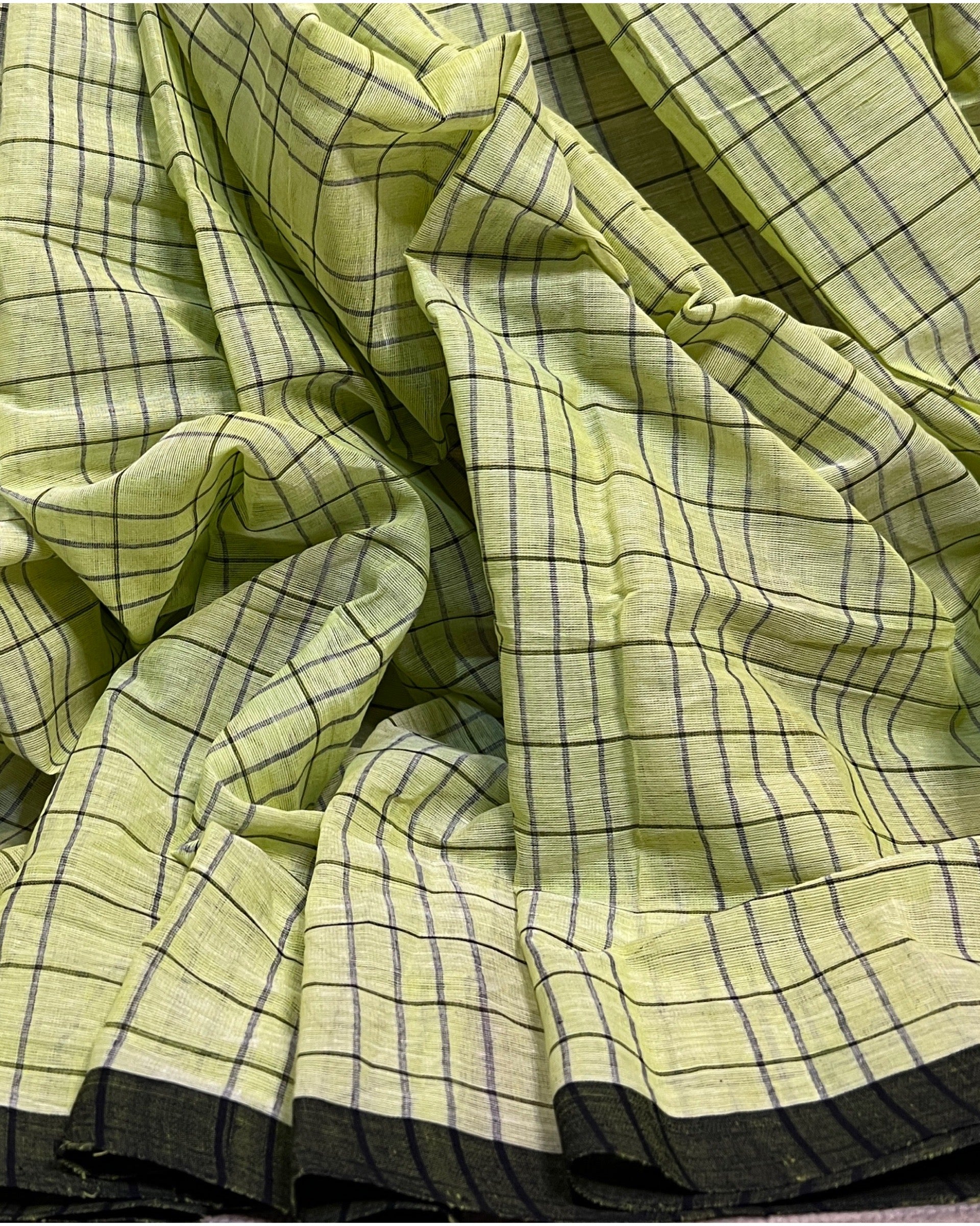 Lime Green - Black cotton Dhaniakhali handloom saree new collection