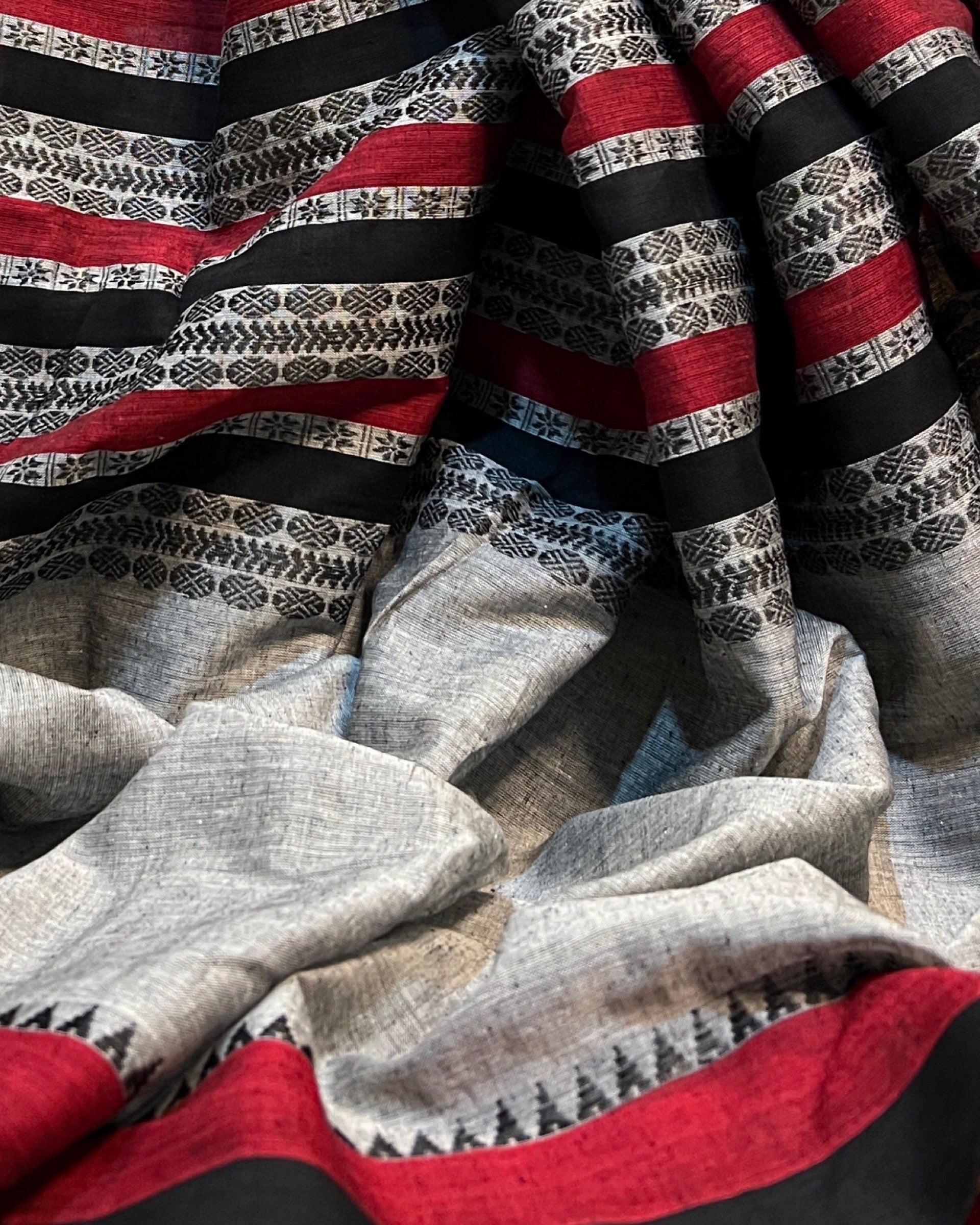 Grey black red cotton handloom saree