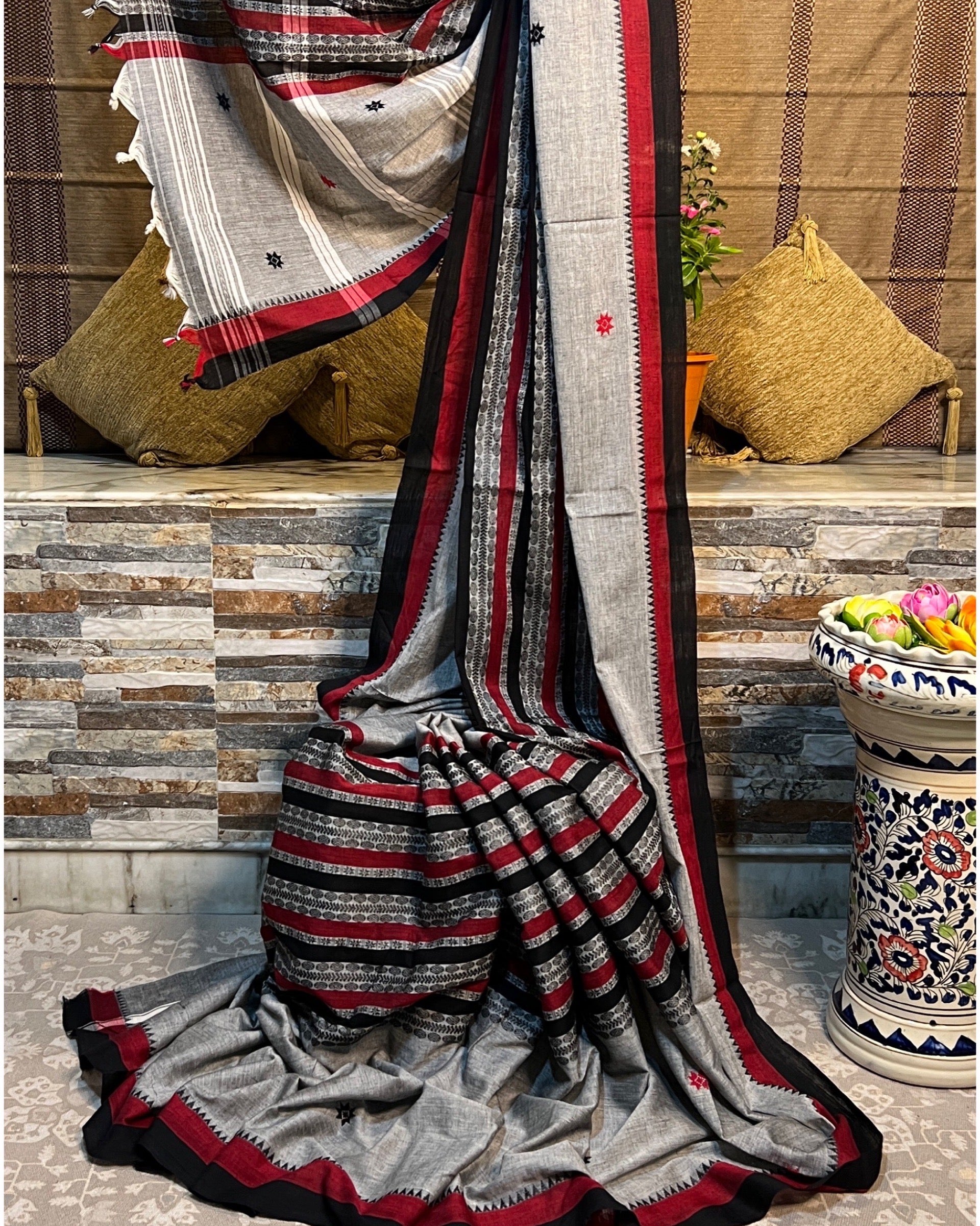Grey black red cotton handloom saree