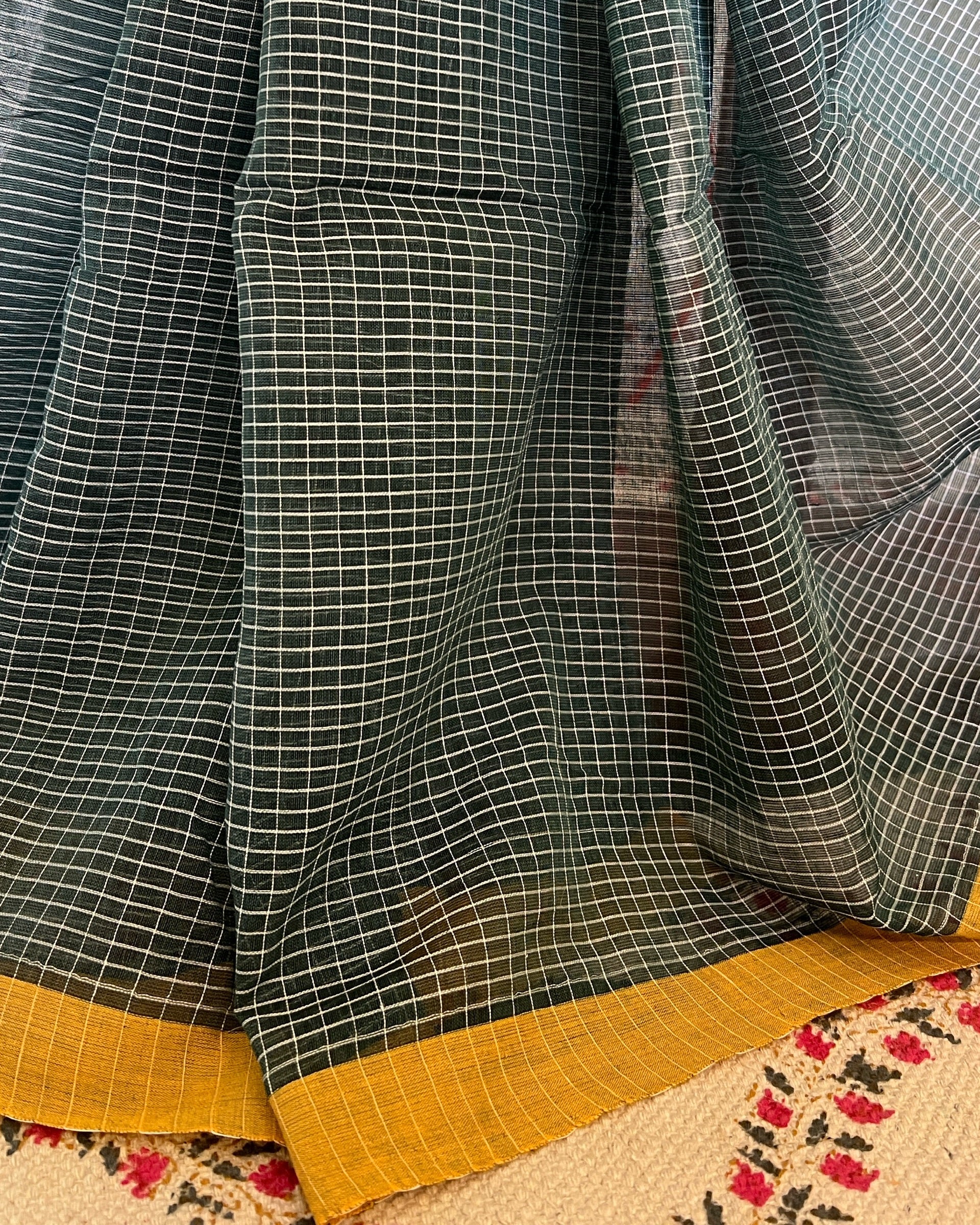 Green checkered handloom cotton saree by Shopaame with yellow border