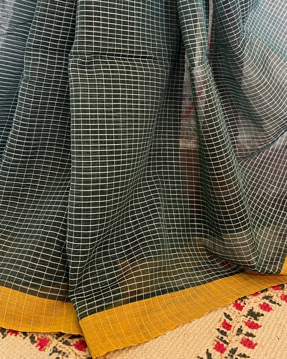 Green checkered handloom cotton saree by Shopaame with yellow border