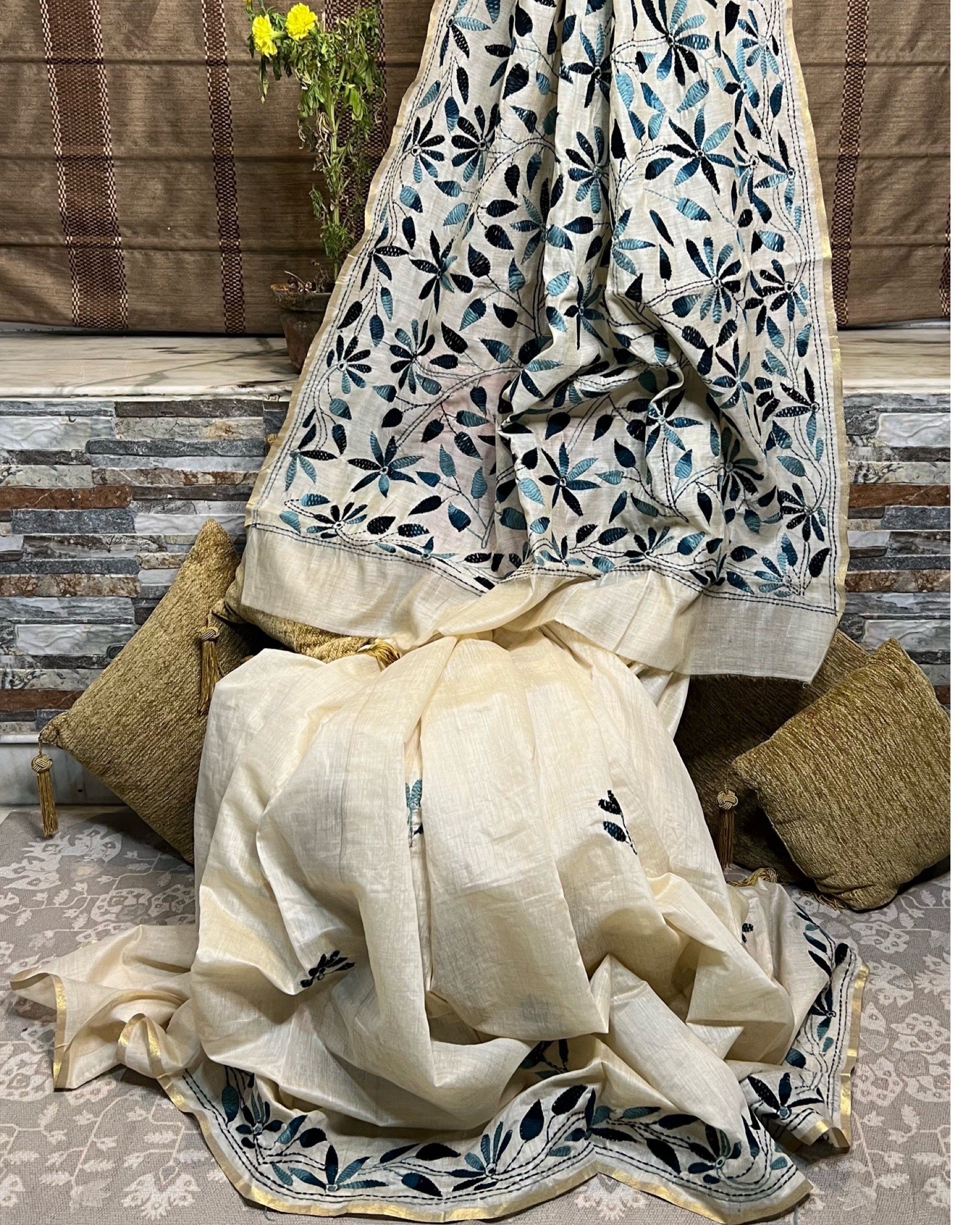 White Chanderi Cotton Kantha stitch embroidered saree in blue threads and golden border