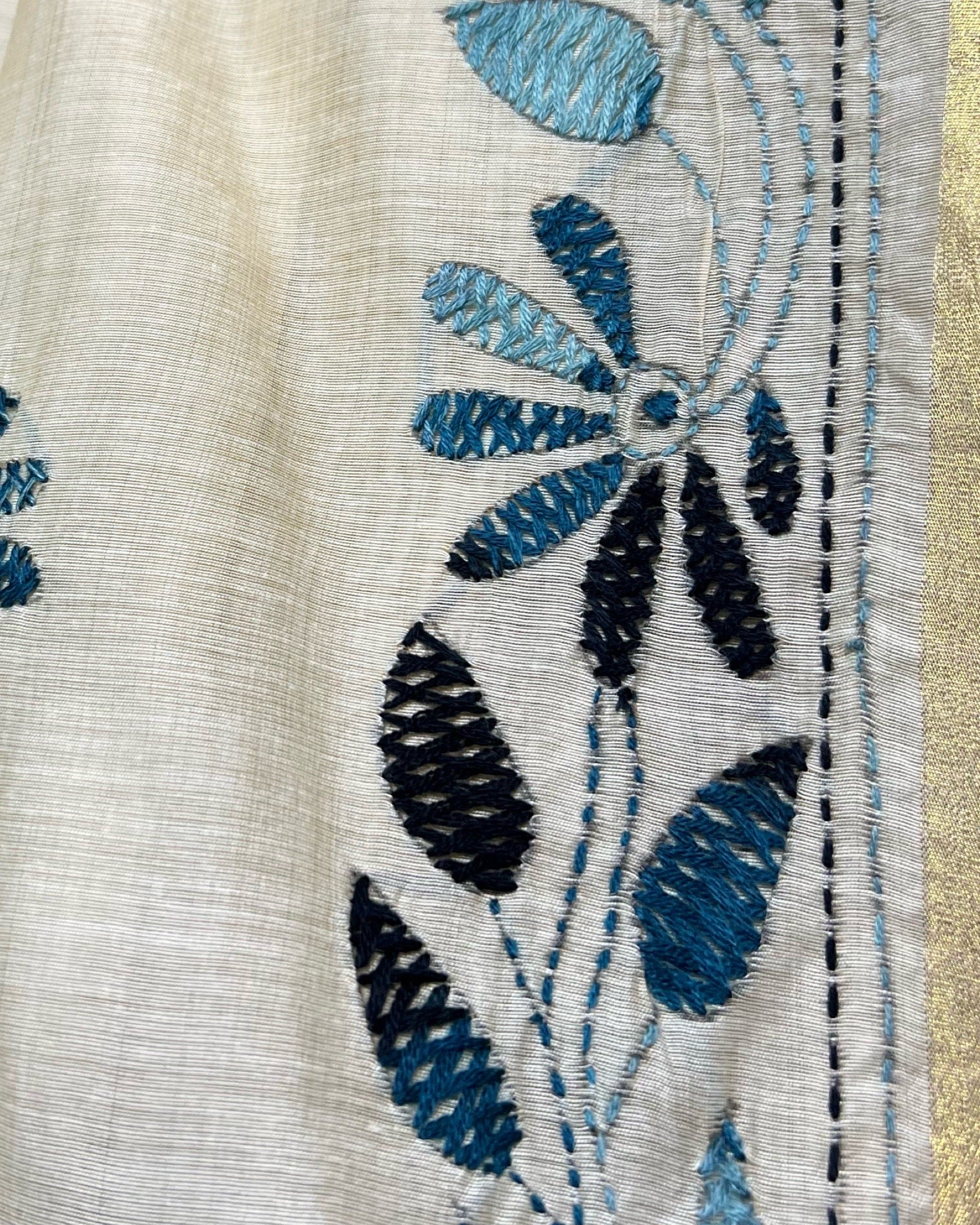 White Chanderi Cotton Kantha stitch embroidered saree in blue threads and golden border