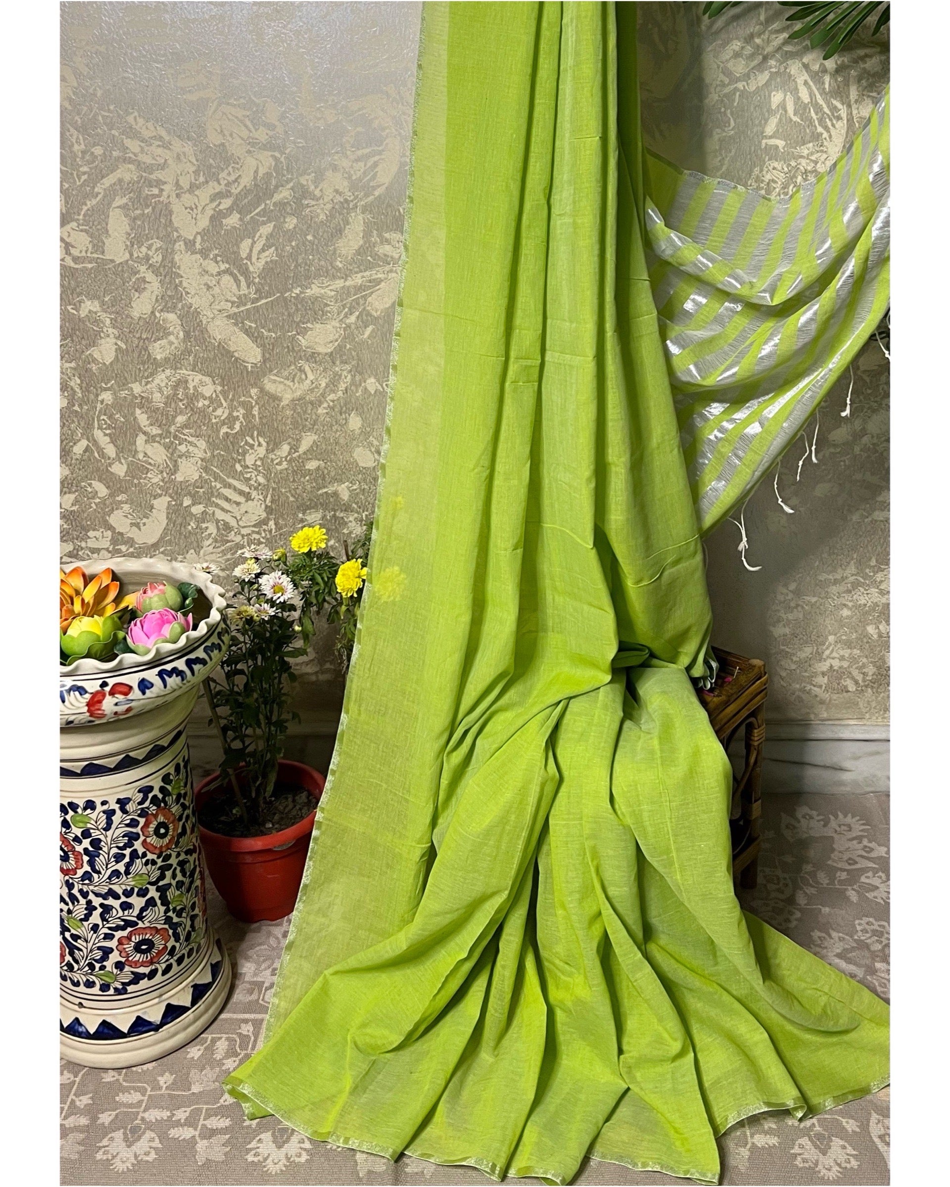 Parrot Green - Silver soft and comfortable Khaadi cotton saree