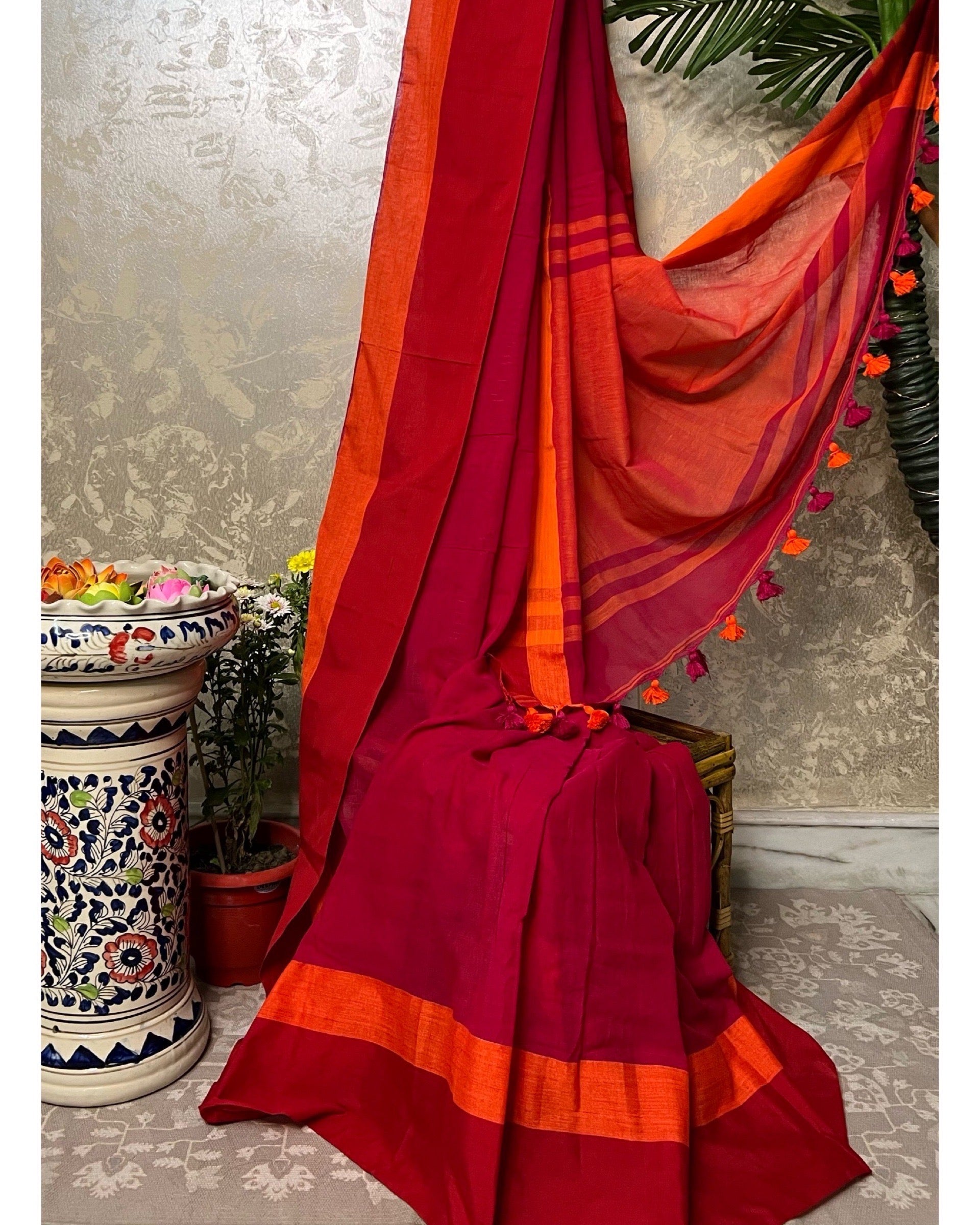 Red - orange soft and comfortable Khadi cotton handloom saree by ShopAaMe